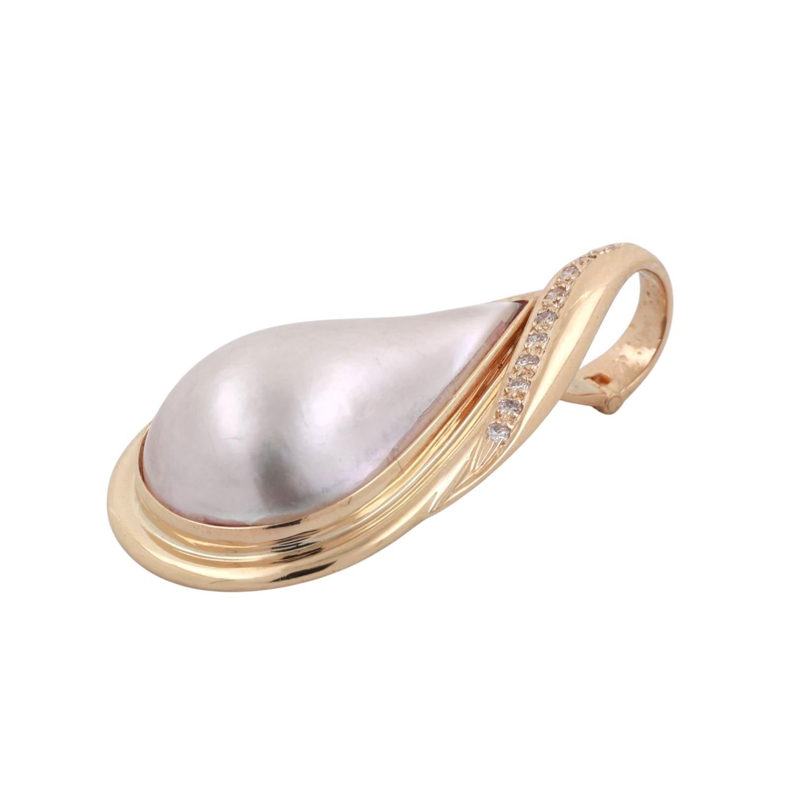 Vintage Mabe Pearl Diamond Teardrop Pendant 14K Yellow Gold Snap Clasp 1.35"