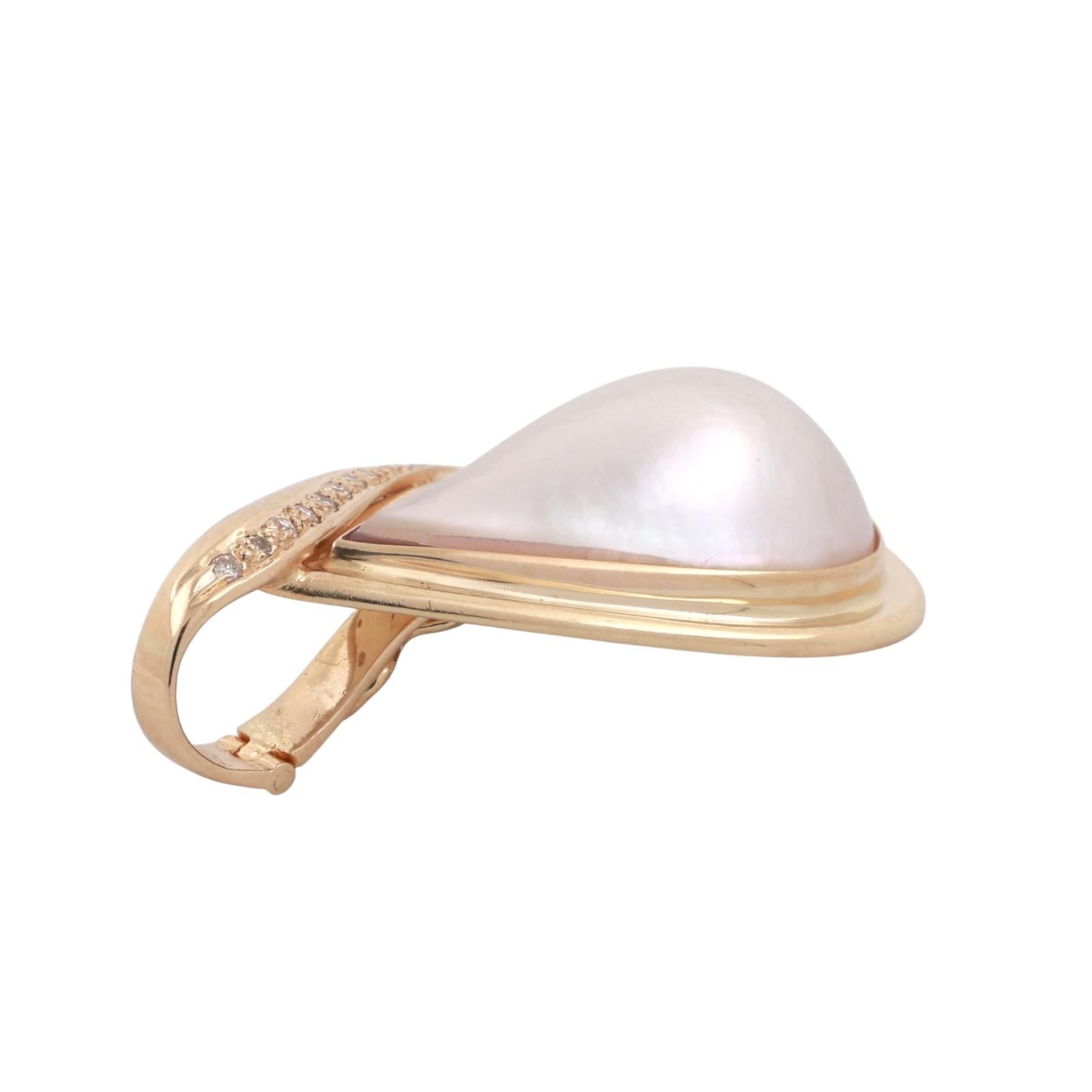 Vintage Mabe Pearl Diamond Teardrop Pendant 14K Yellow Gold Snap Clasp 1.35"