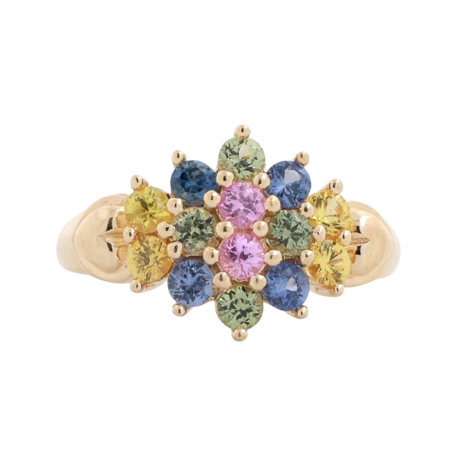 Multi Color Sapphire Floral Cocktail Ring 14K Yellow Gold 1.40 CTW Hearts Size 6