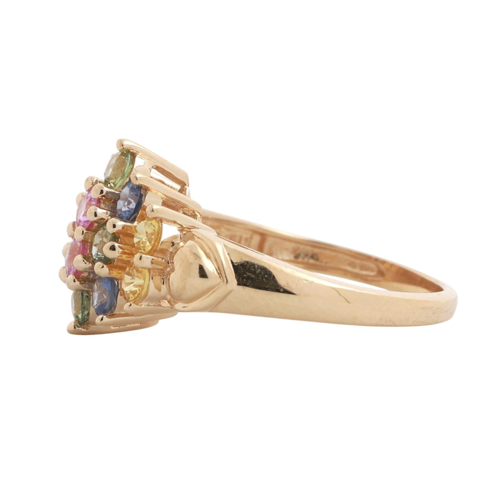 Multi Color Sapphire Floral Cocktail Ring 14K Yellow Gold 1.40 CTW Hearts Size 6