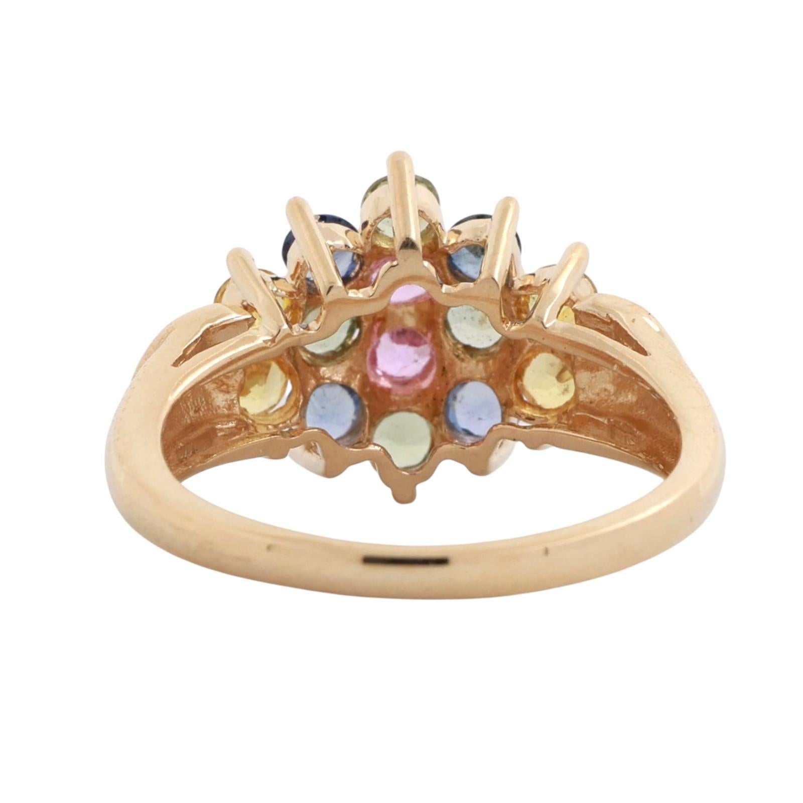 Multi Color Sapphire Floral Cocktail Ring 14K Yellow Gold 1.40 CTW Hearts Size 6