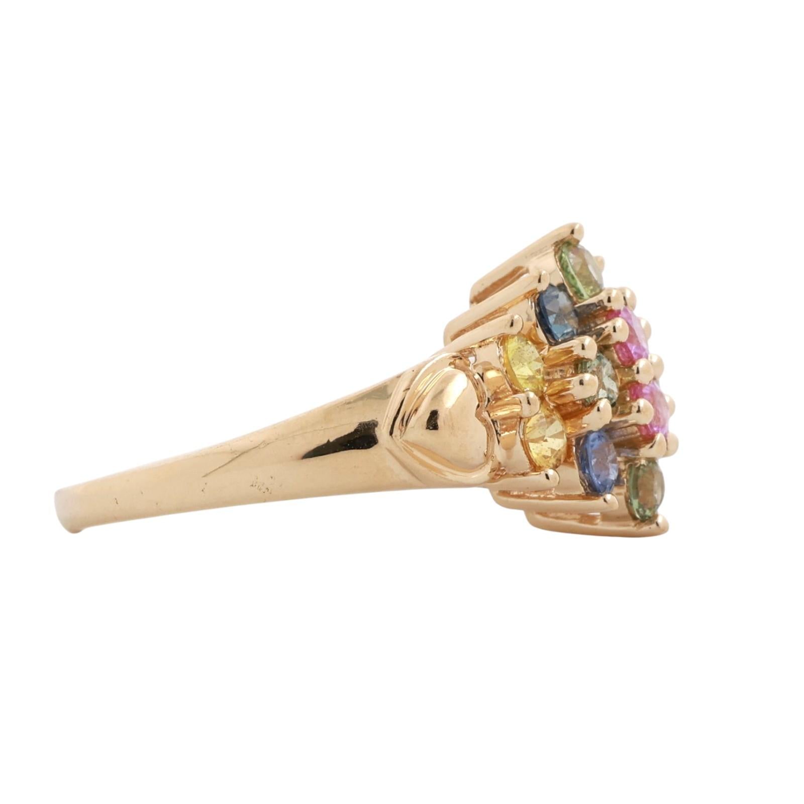 Multi Color Sapphire Floral Cocktail Ring 14K Yellow Gold 1.40 CTW Hearts Size 6