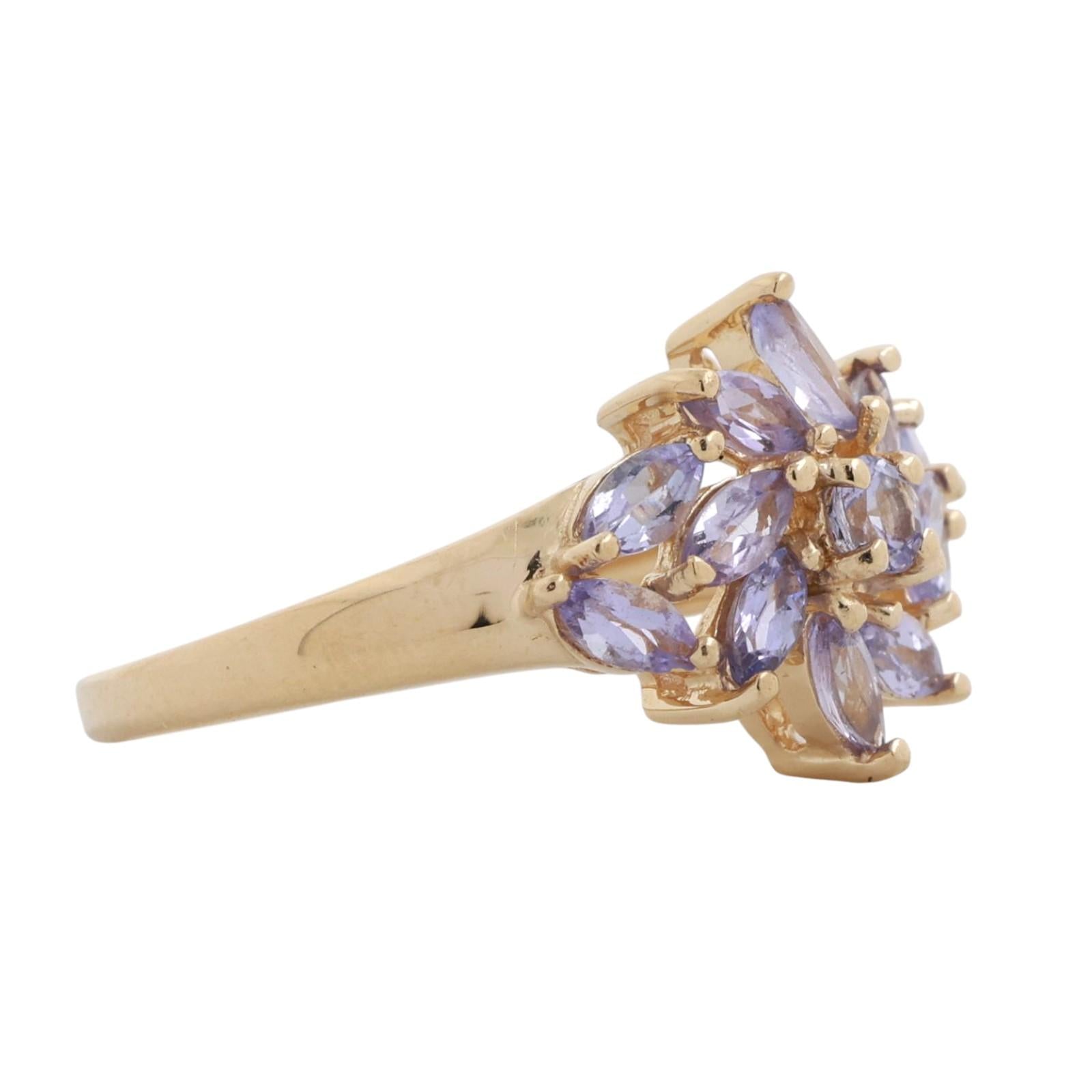 Tanzanite Floral Cocktail Ring 14K Yellow Gold 0.70 CTW Size 6.25 Ladies Estate