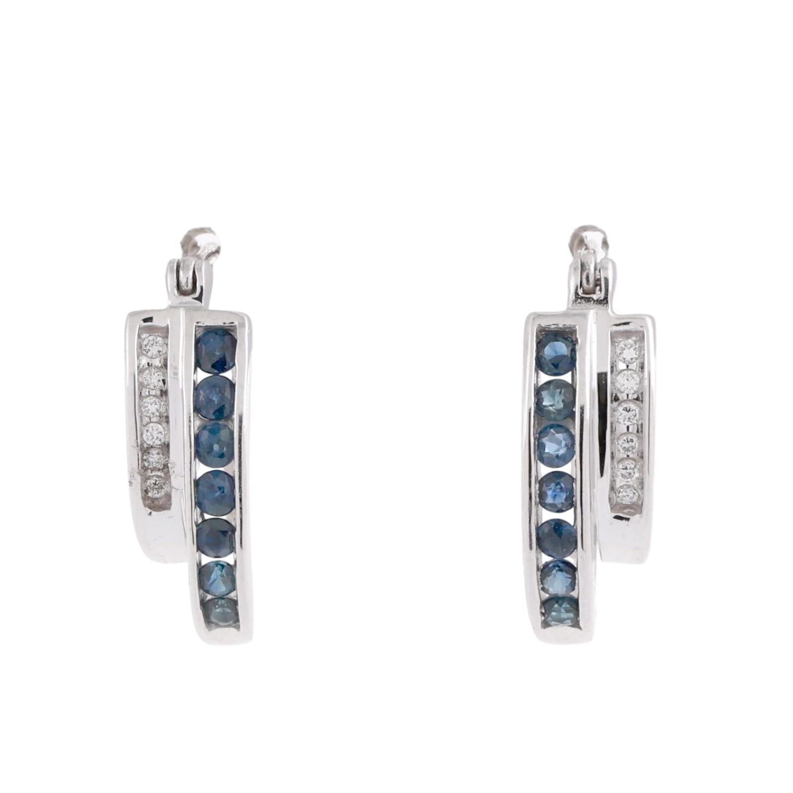 Sapphire Diamond Hoop Earrings 14K White Gold 0.54 CTW 0.70" Ladies Estate