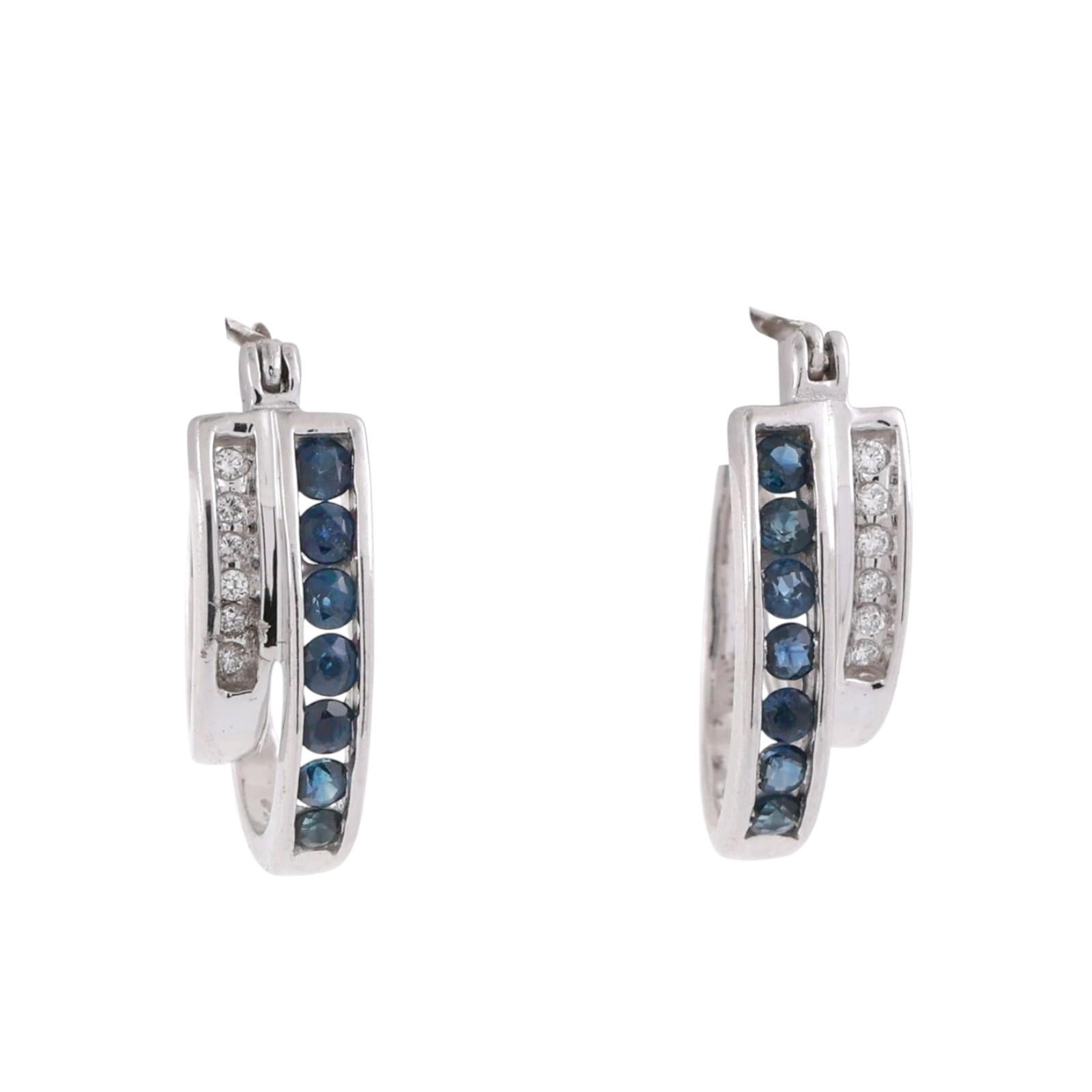 Sapphire Diamond Hoop Earrings 14K White Gold 0.54 CTW 0.70" Ladies Estate