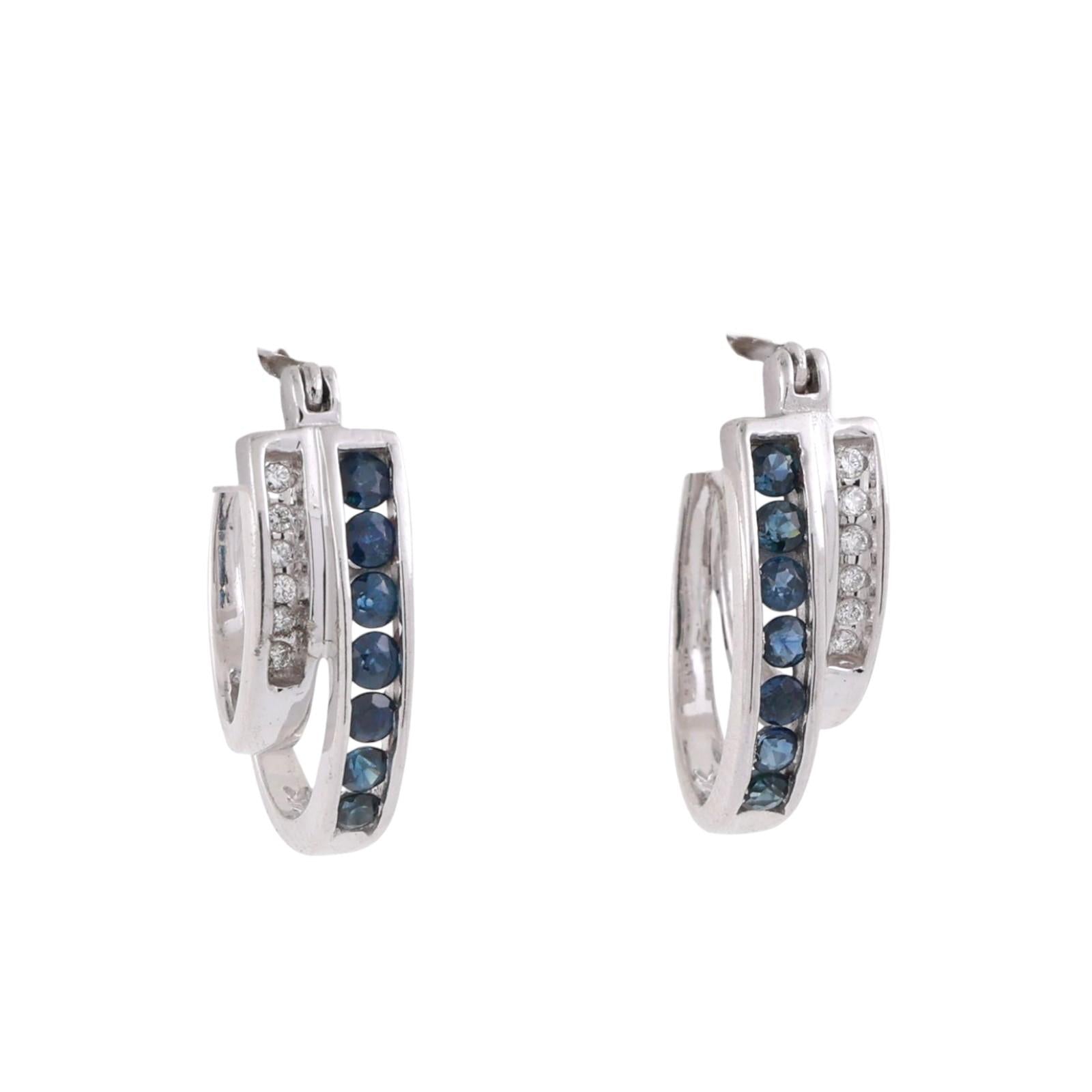 Sapphire Diamond Hoop Earrings 14K White Gold 0.54 CTW 0.70" Ladies Estate