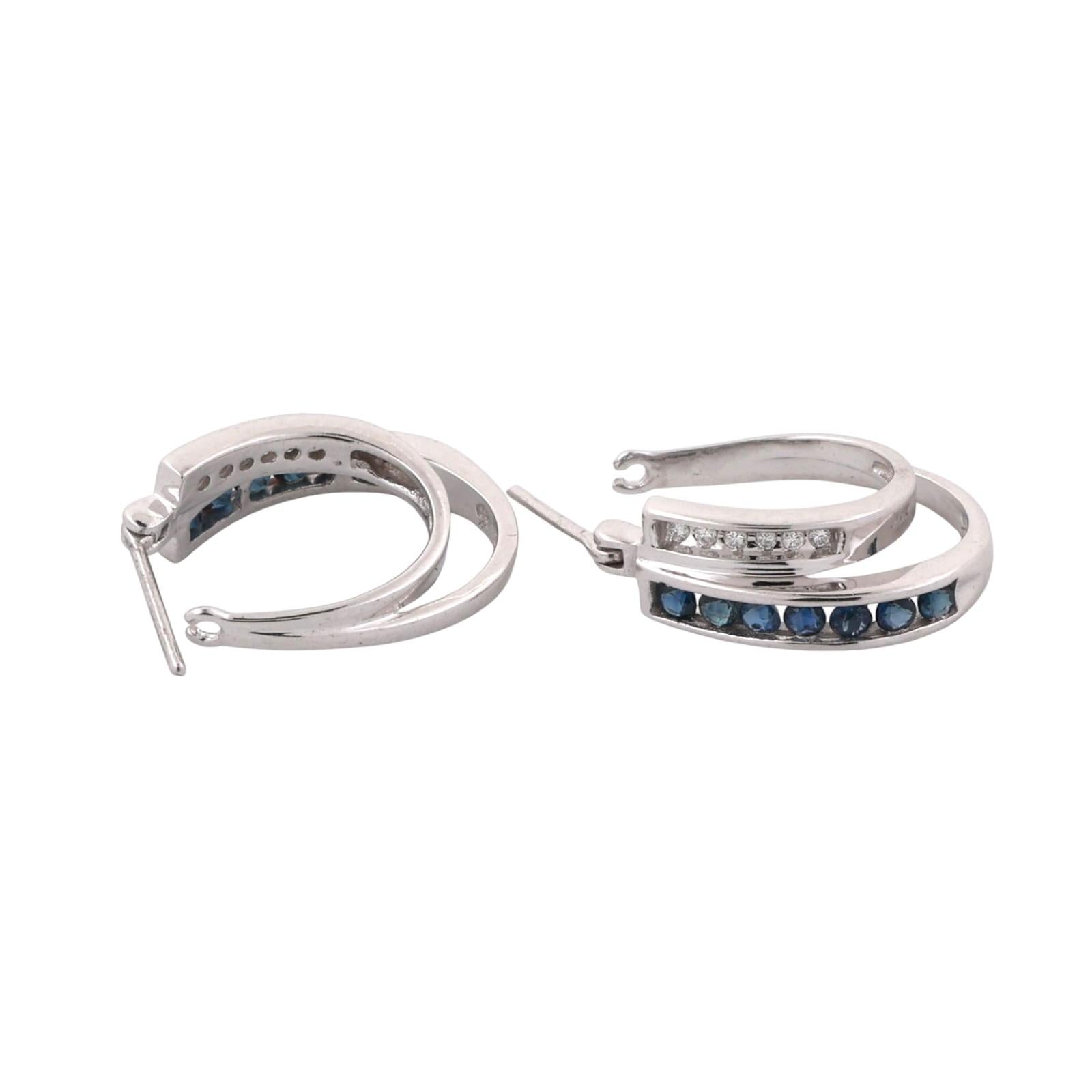 Sapphire Diamond Hoop Earrings 14K White Gold 0.54 CTW 0.70" Ladies Estate