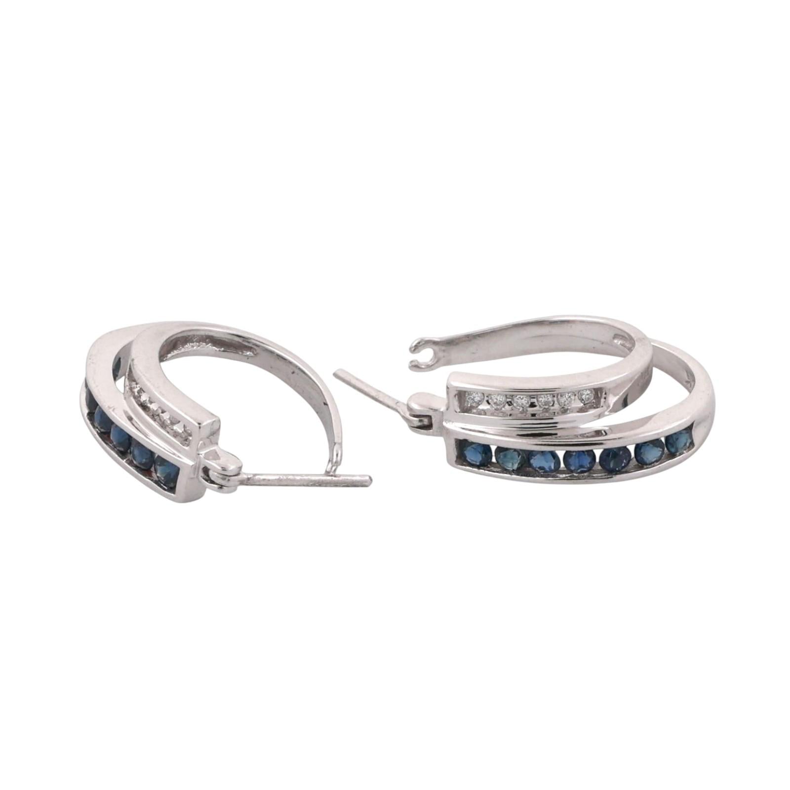 Sapphire Diamond Hoop Earrings 14K White Gold 0.54 CTW 0.70" Ladies Estate