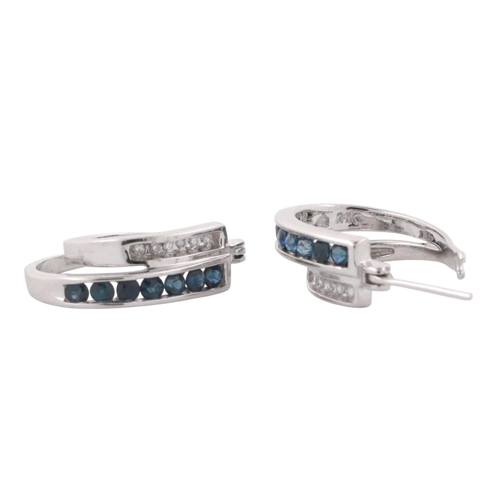 Sapphire Diamond Hoop Earrings 14K White Gold 0.54 CTW 0.70" Ladies Estate