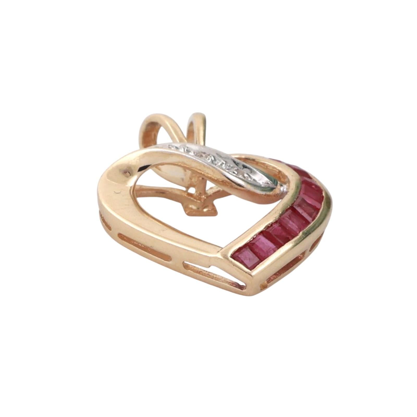 Ruby Diamond Open Heart Pendant Charm 14K Gold 0.31 CTW 0.75" Ladies Estate