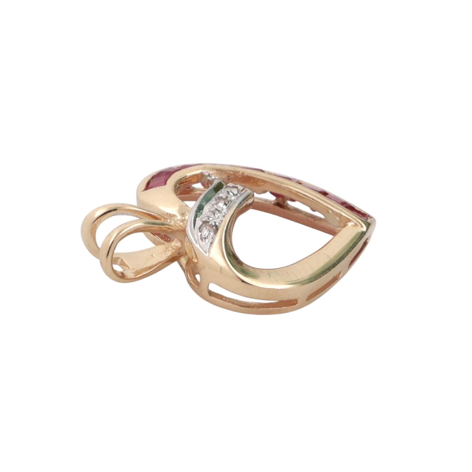 Ruby Diamond Open Heart Pendant Charm 14K Gold 0.31 CTW 0.75" Ladies Estate