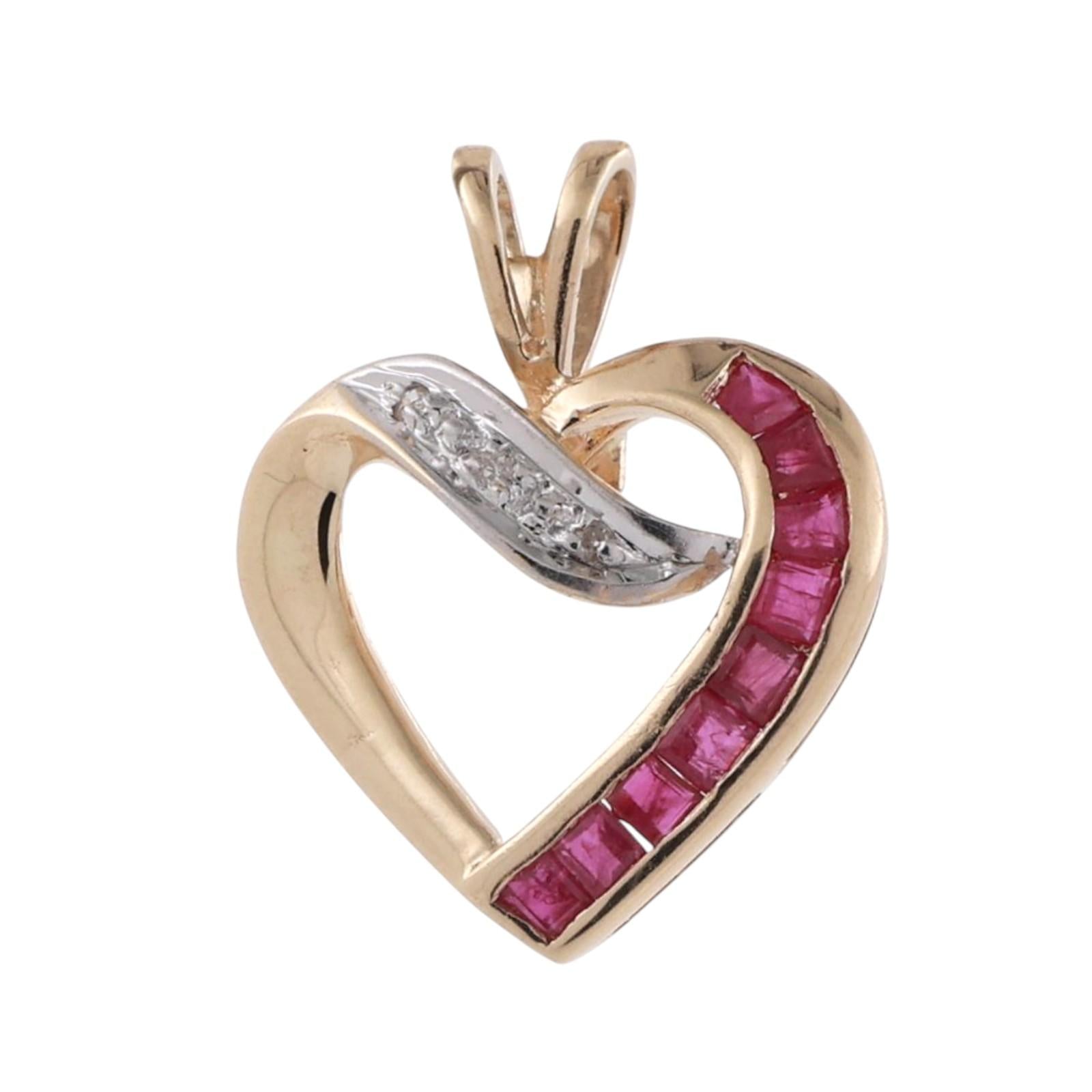 Ruby Diamond Open Heart Pendant Charm 14K Gold 0.31 CTW 0.75" Ladies Estate