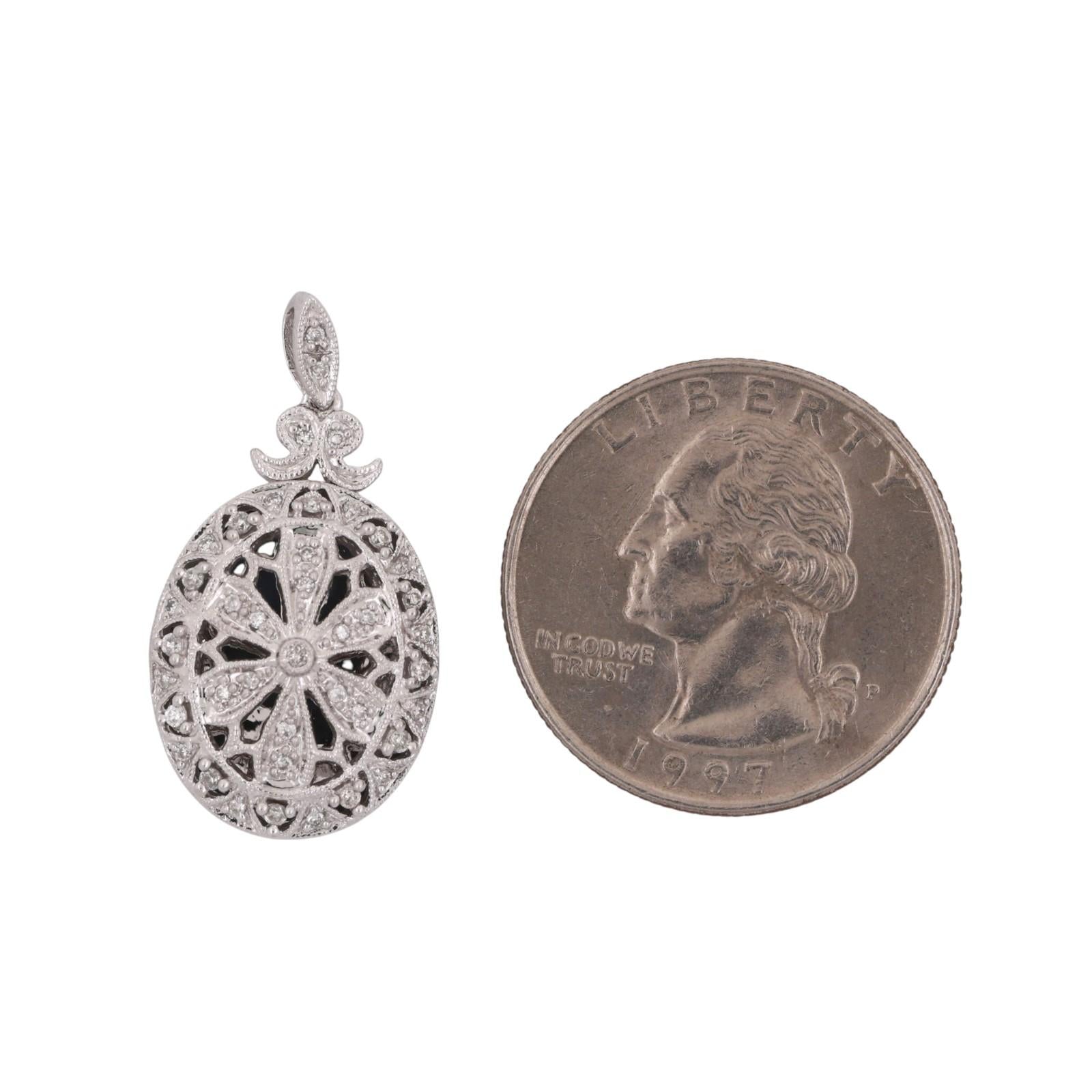 Oval Diamond Filigree Locket Pendant 14K White Gold 0.50 TW 1.15" Ladies Estate