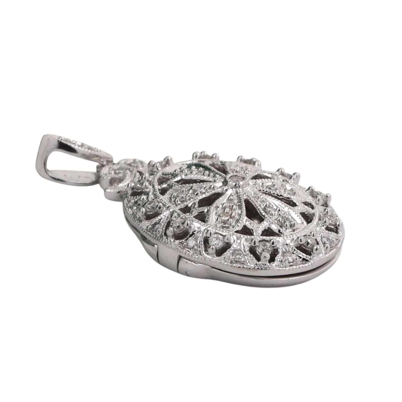 Oval Diamond Filigree Locket Pendant 14K White Gold 0.50 TW 1.15" Ladies Estate