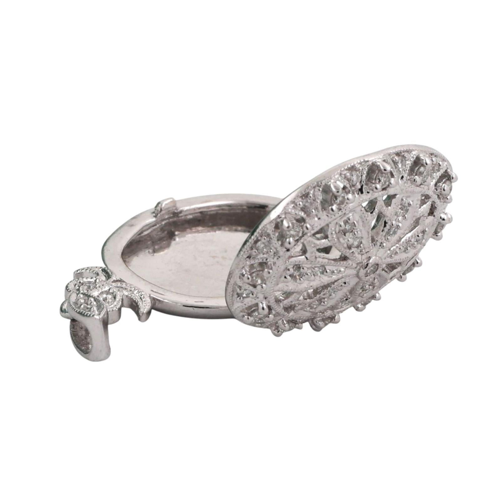 Oval Diamond Filigree Locket Pendant 14K White Gold 0.50 TW 1.15" Ladies Estate