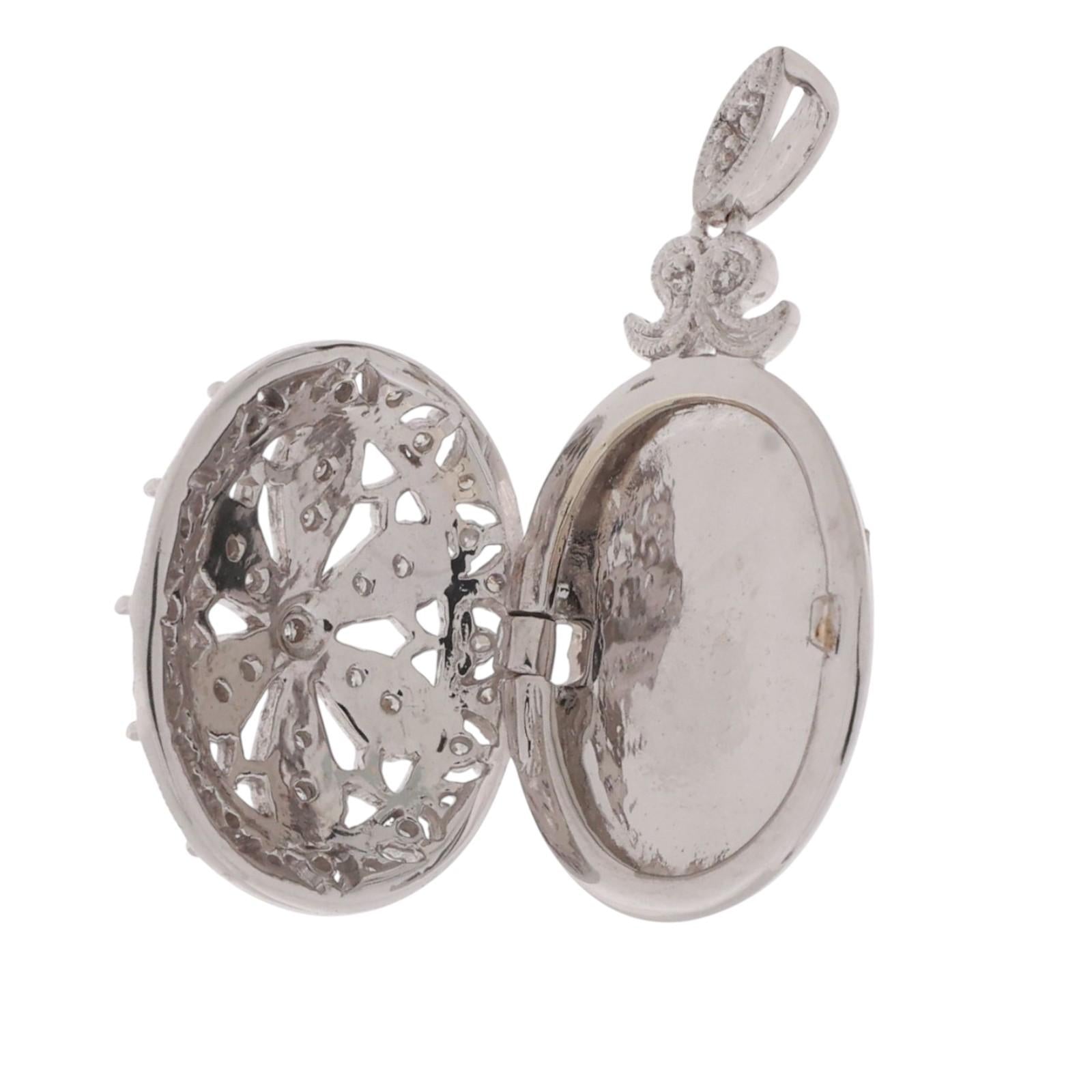 Oval Diamond Filigree Locket Pendant 14K White Gold 0.50 TW 1.15" Ladies Estate