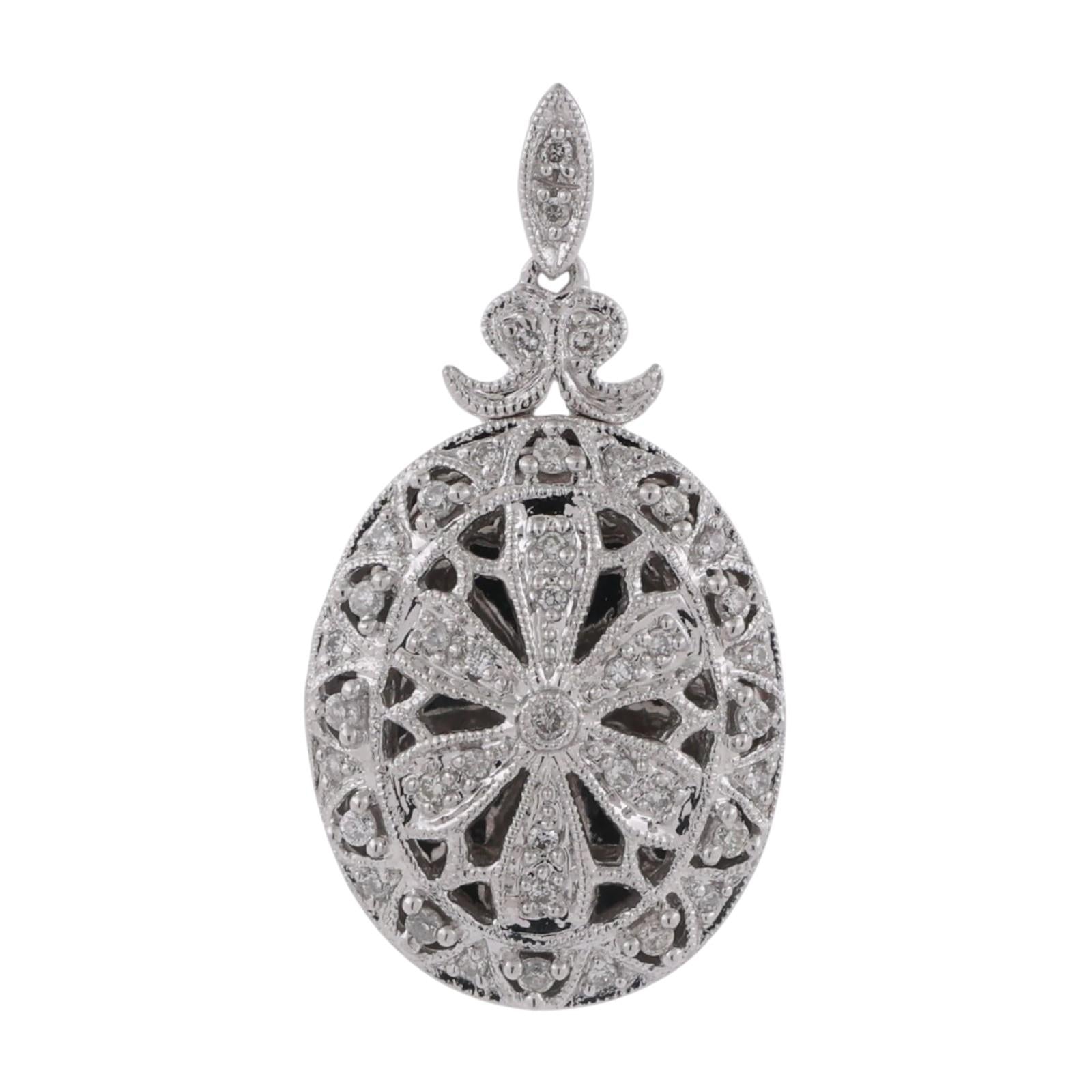 Oval Diamond Filigree Locket Pendant 14K White Gold 0.50 TW 1.15" Ladies Estate