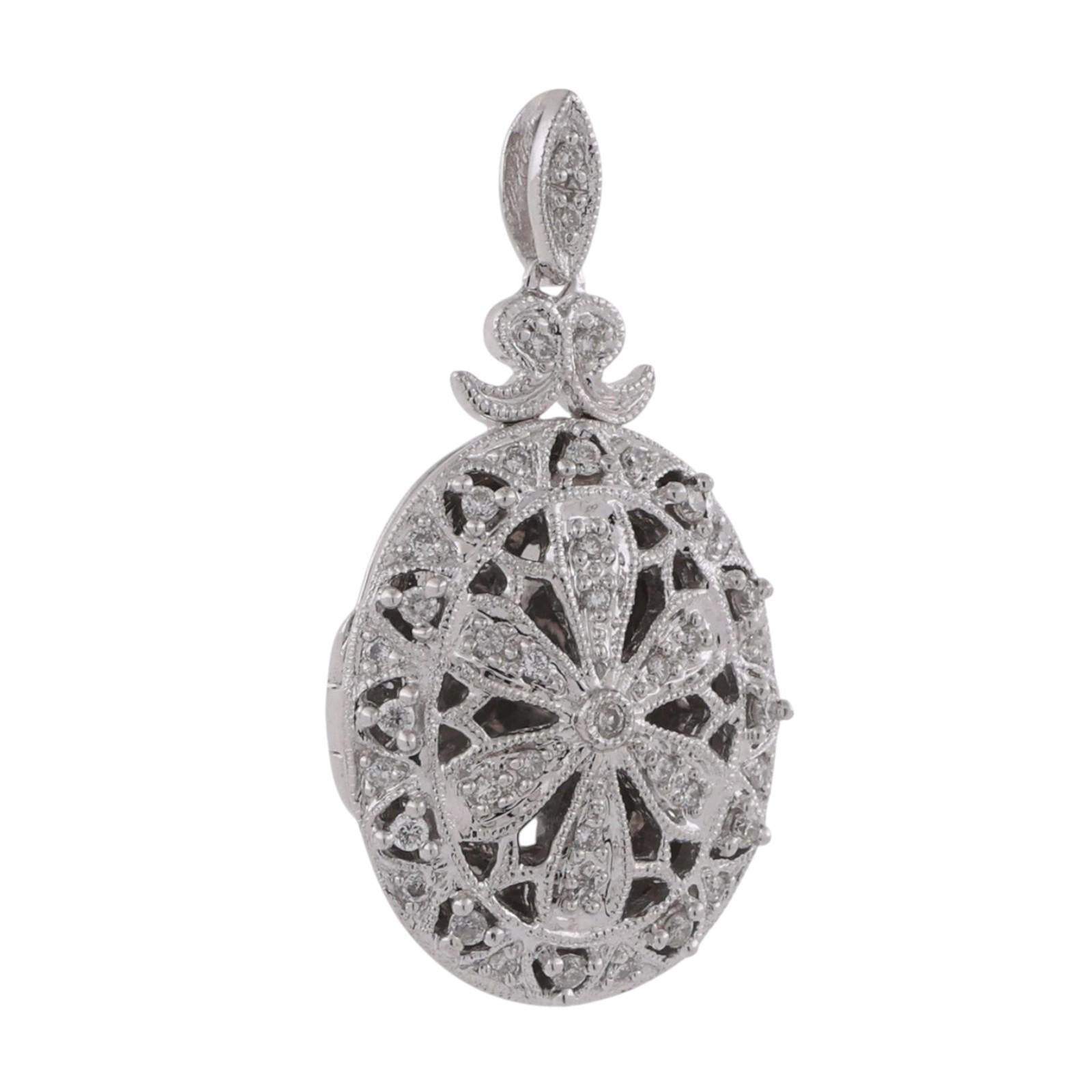 Oval Diamond Filigree Locket Pendant 14K White Gold 0.50 TW 1.15" Ladies Estate