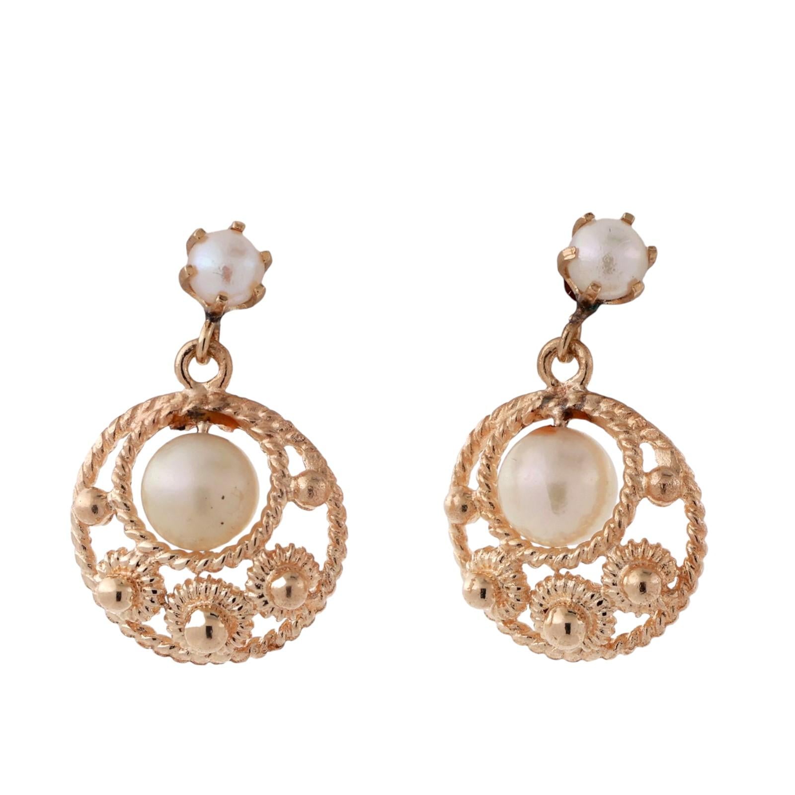 Cultured Akoya Pearl Drop Dangle Earrings 14K Yellow Gold 0.78" Ladies Estate