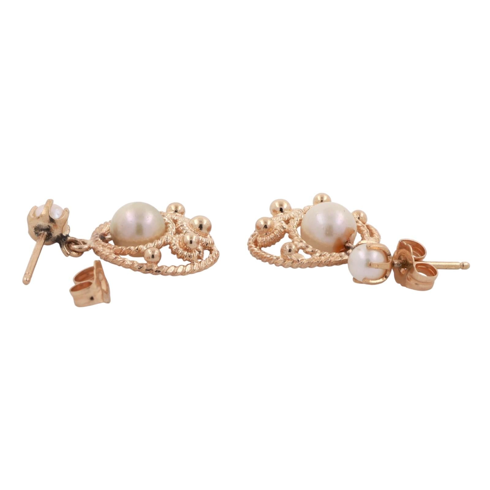 Cultured Akoya Pearl Drop Dangle Earrings 14K Yellow Gold 0.78" Ladies Estate