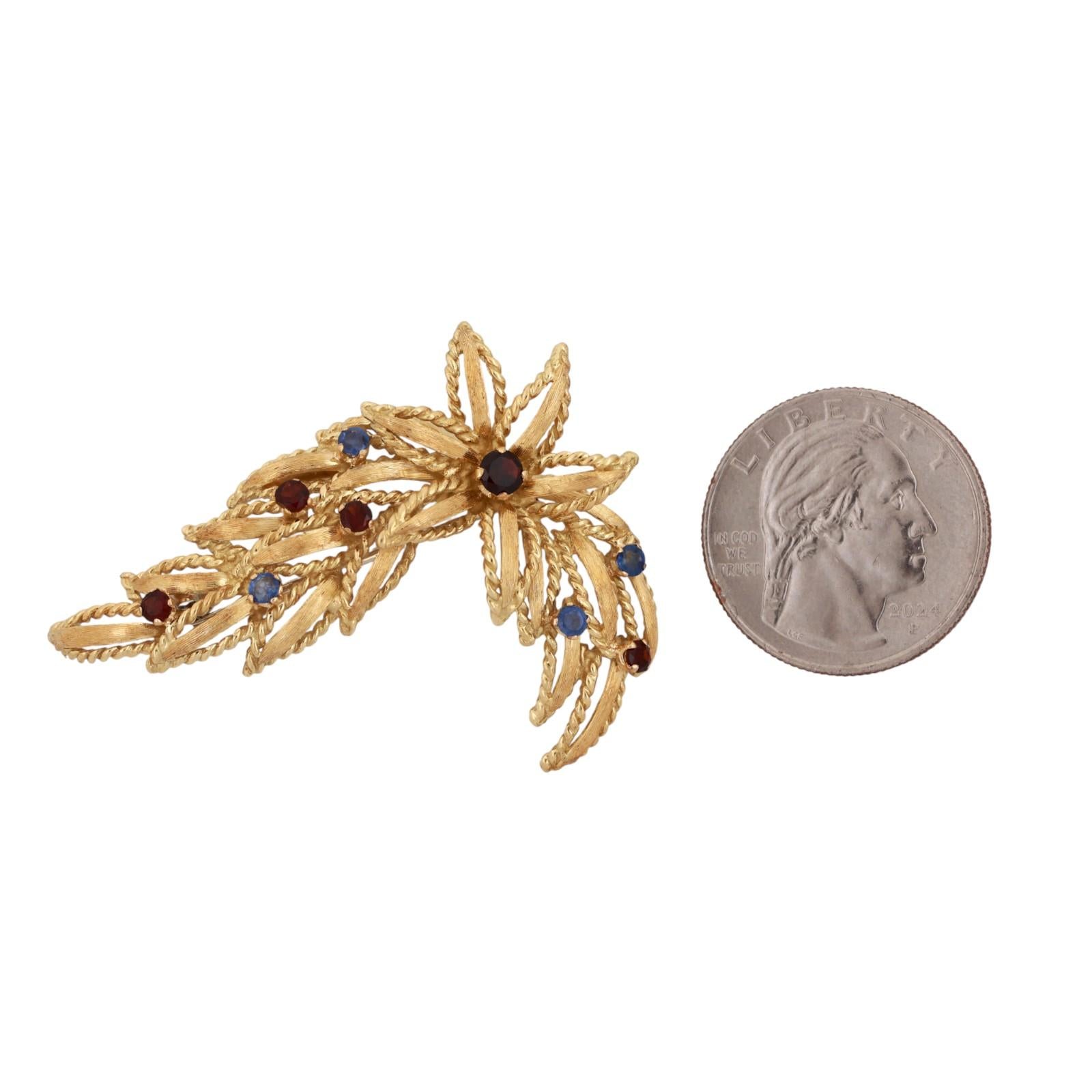 Vintage Blue Sapphire Garnet Floral Brooch Pin 18K Yellow Gold 0.91 CTW 1.95"