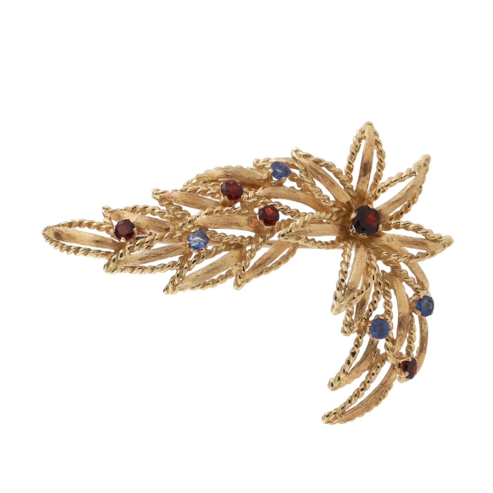 Vintage Blue Sapphire Garnet Floral Brooch Pin 18K Yellow Gold 0.91 CTW 1.95"