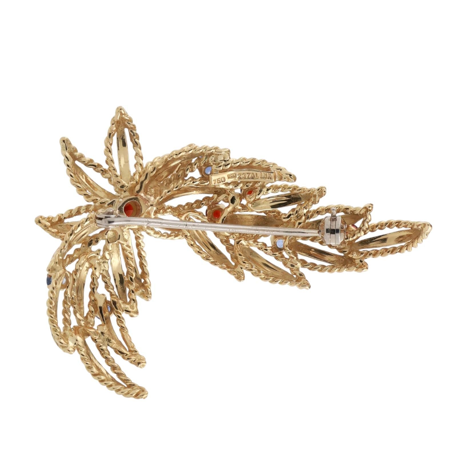 Vintage Blue Sapphire Garnet Floral Brooch Pin 18K Yellow Gold 0.91 CTW 1.95"