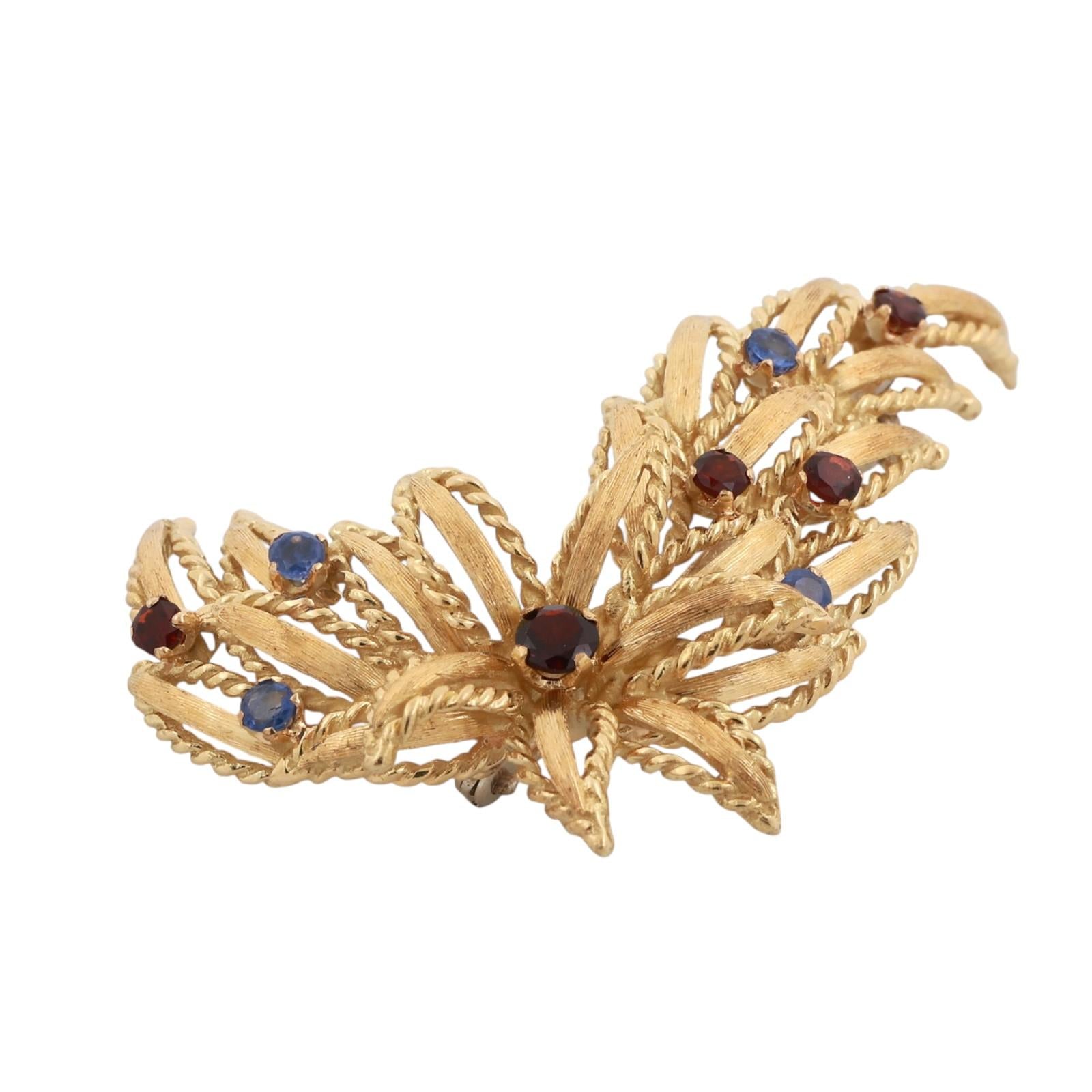 Vintage Blue Sapphire Garnet Floral Brooch Pin 18K Yellow Gold 0.91 CTW 1.95"