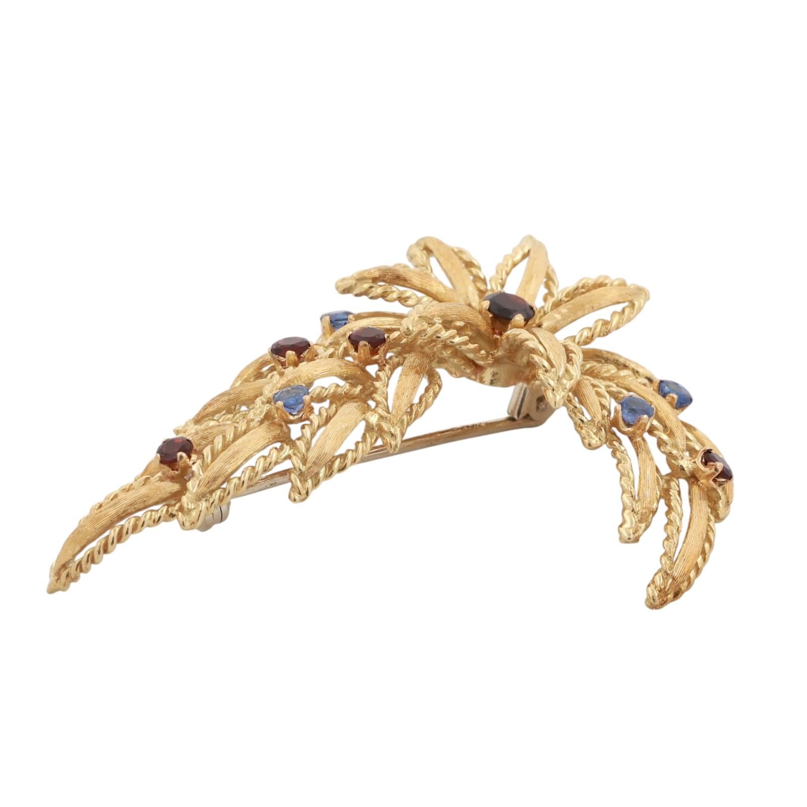 Vintage Blue Sapphire Garnet Floral Brooch Pin 18K Yellow Gold 0.91 CTW 1.95"