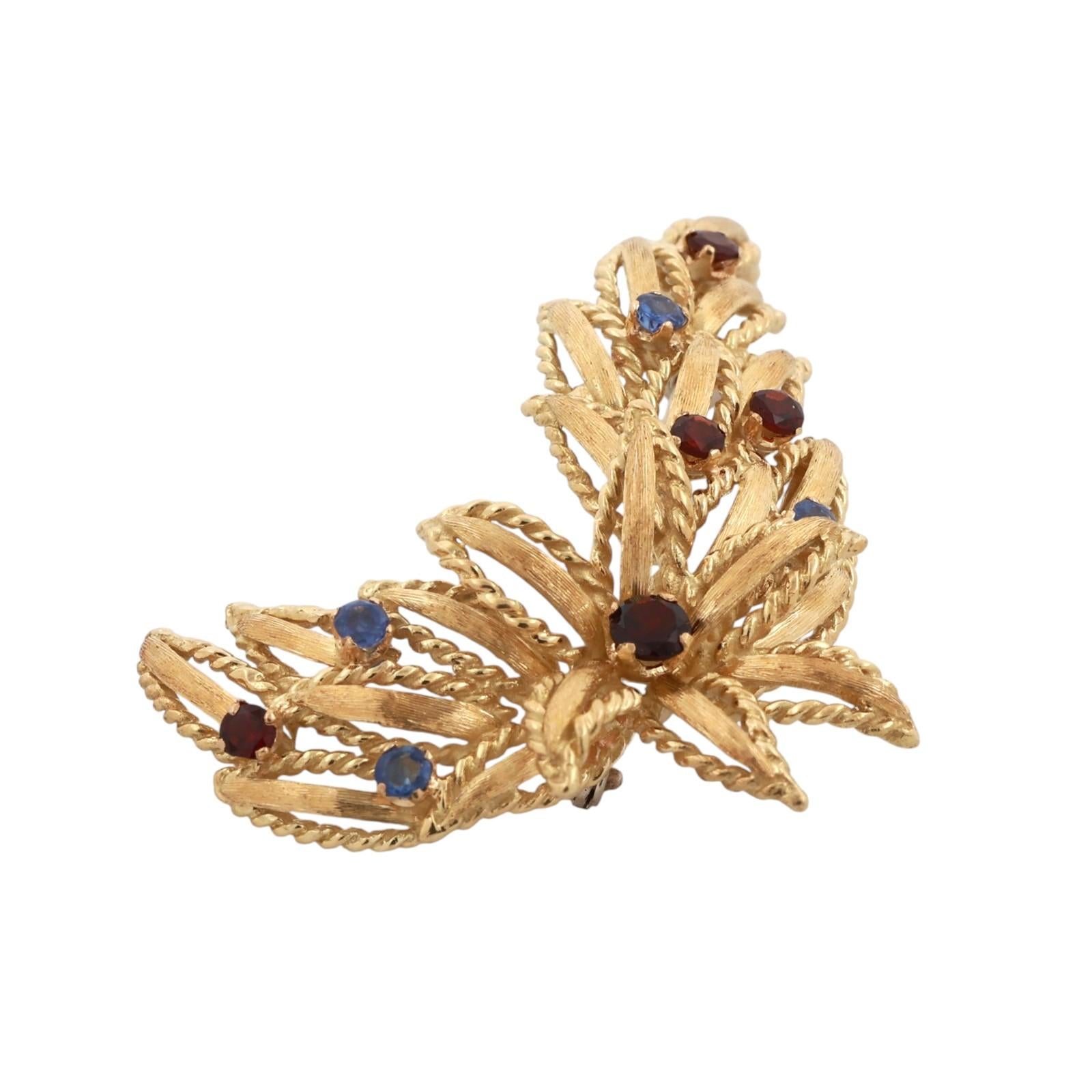 Vintage Blue Sapphire Garnet Floral Brooch Pin 18K Yellow Gold 0.91 CTW 1.95"