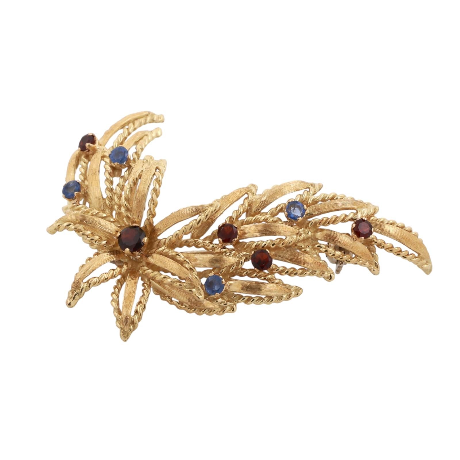 Vintage Blue Sapphire Garnet Floral Brooch Pin 18K Yellow Gold 0.91 CTW 1.95"