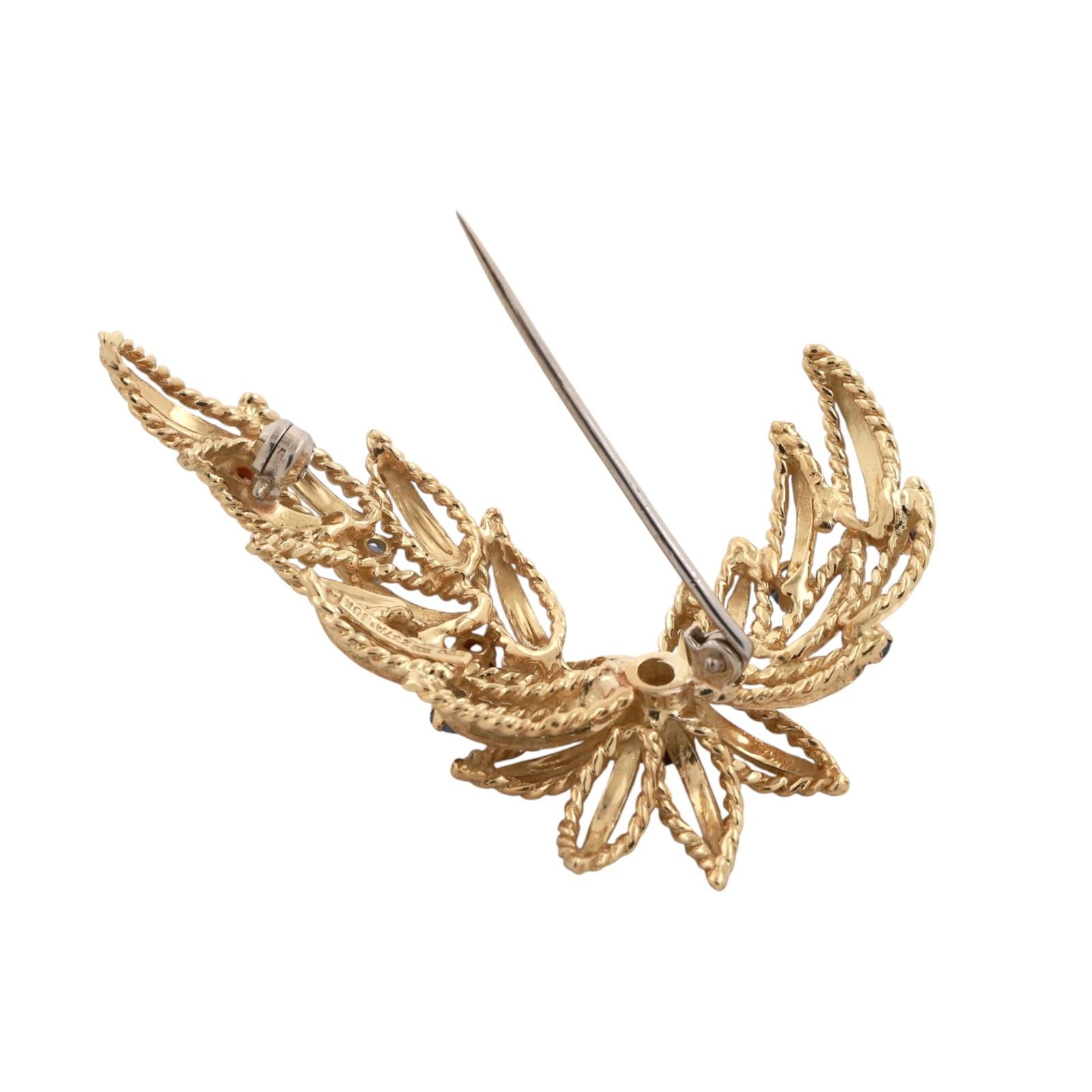 Vintage Blue Sapphire Garnet Floral Brooch Pin 18K Yellow Gold 0.91 CTW 1.95"