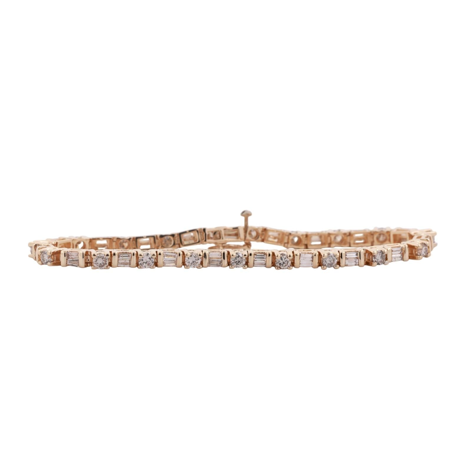 3.00 TW Round And Baguette Diamond Tennis Bracelet 14K Yellow Gold 7" Ladies