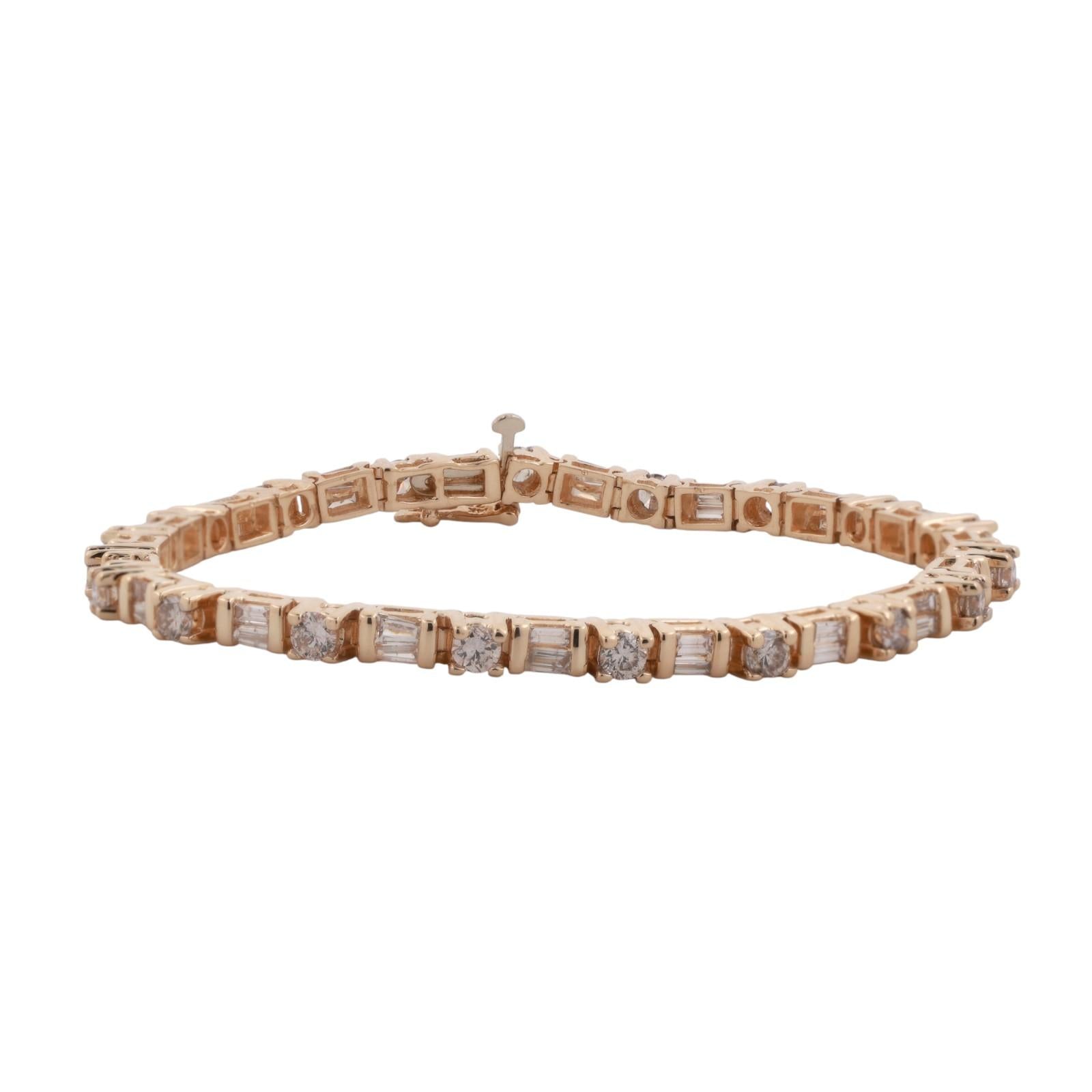 3.00 TW Round And Baguette Diamond Tennis Bracelet 14K Yellow Gold 7" Ladies