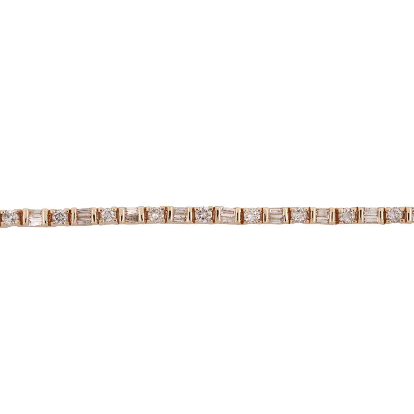 3.00 TW Round And Baguette Diamond Tennis Bracelet 14K Yellow Gold 7" Ladies
