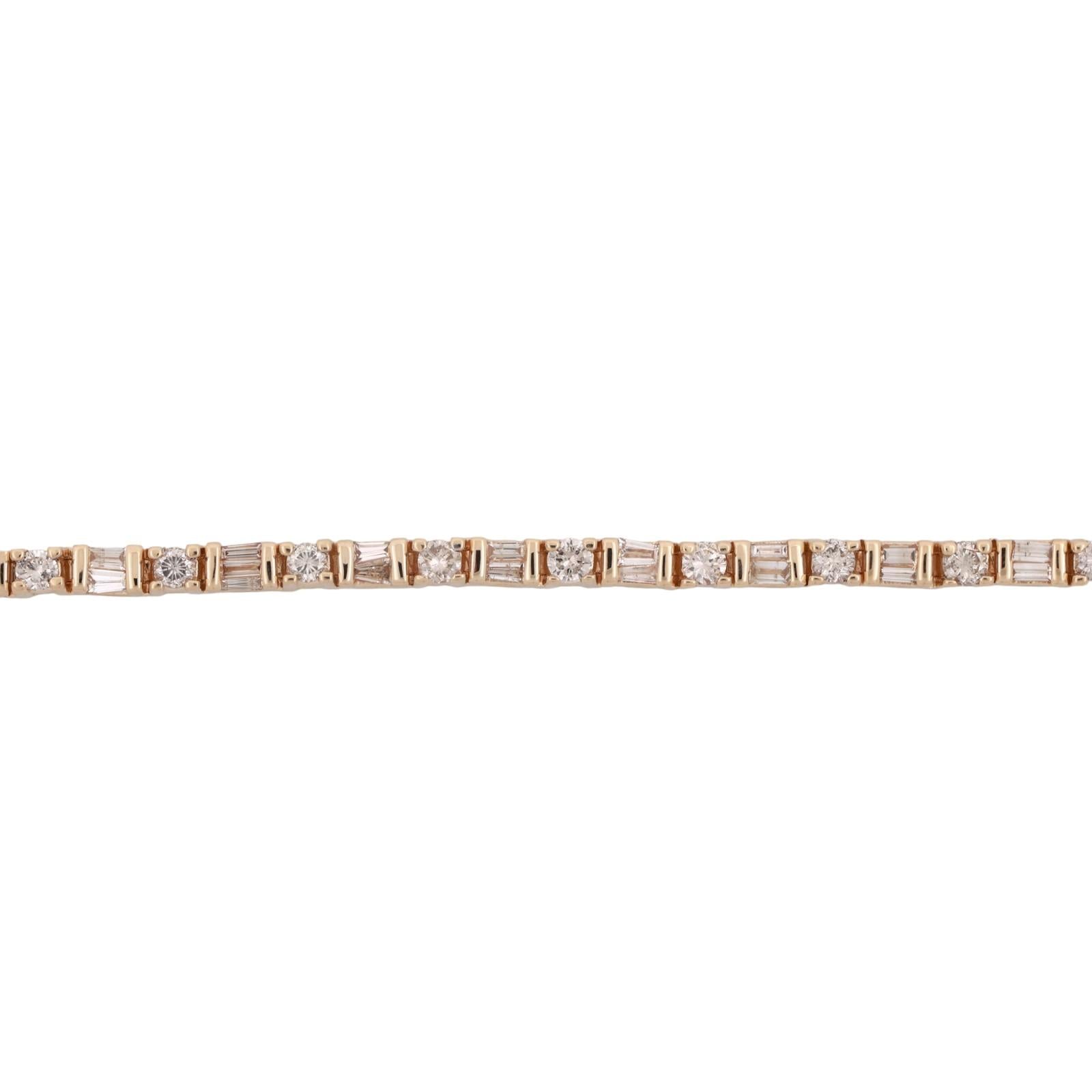 3.00 TW Round And Baguette Diamond Tennis Bracelet 14K Yellow Gold 7" Ladies