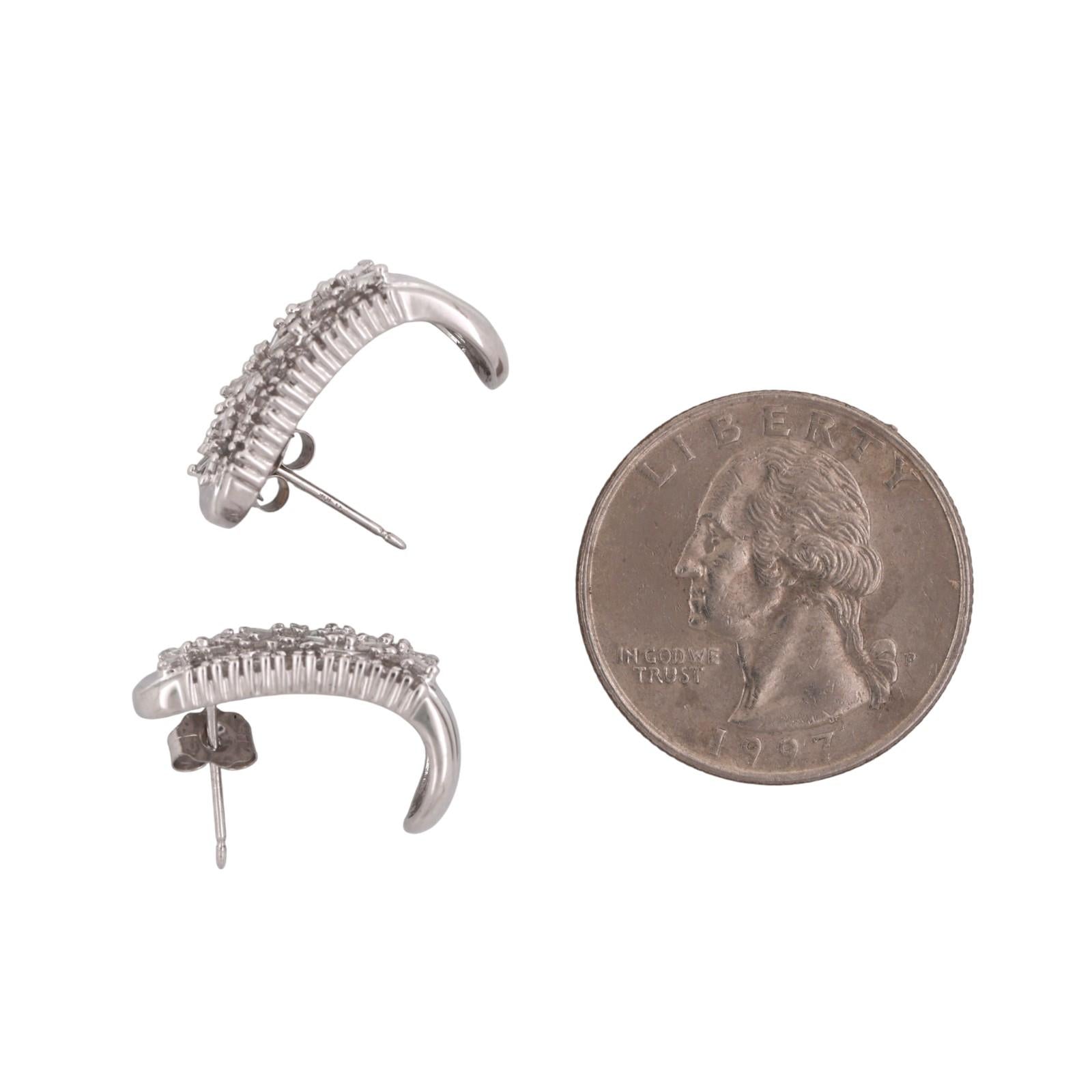 1.00 TW Round And Baguette Diamond J Hoop Earrings 10K White Gold 0.55" Ladies