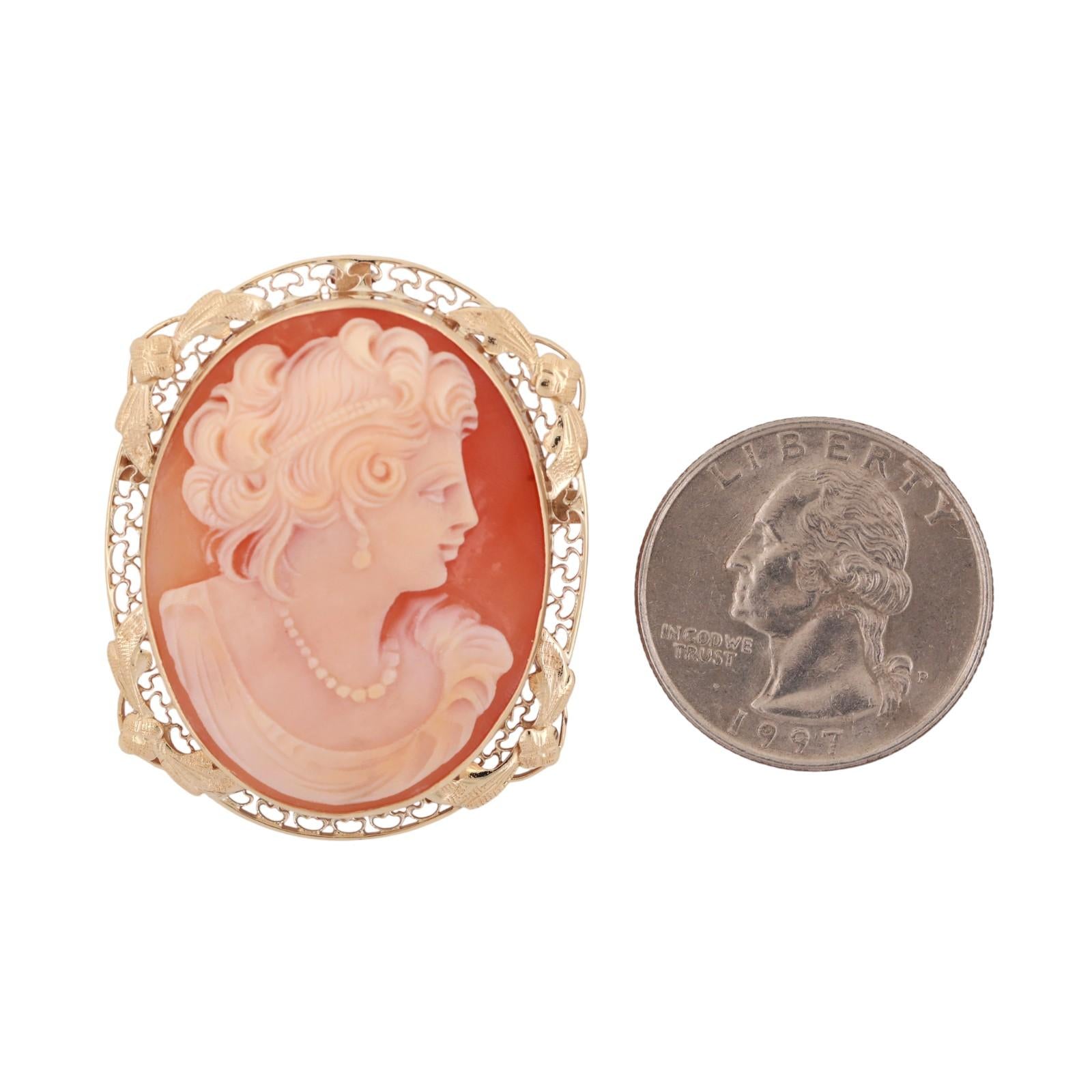 Vintage Cameo Brooch Pin Pendant Yellow Gold Filigree Frame 1.55" Ladies