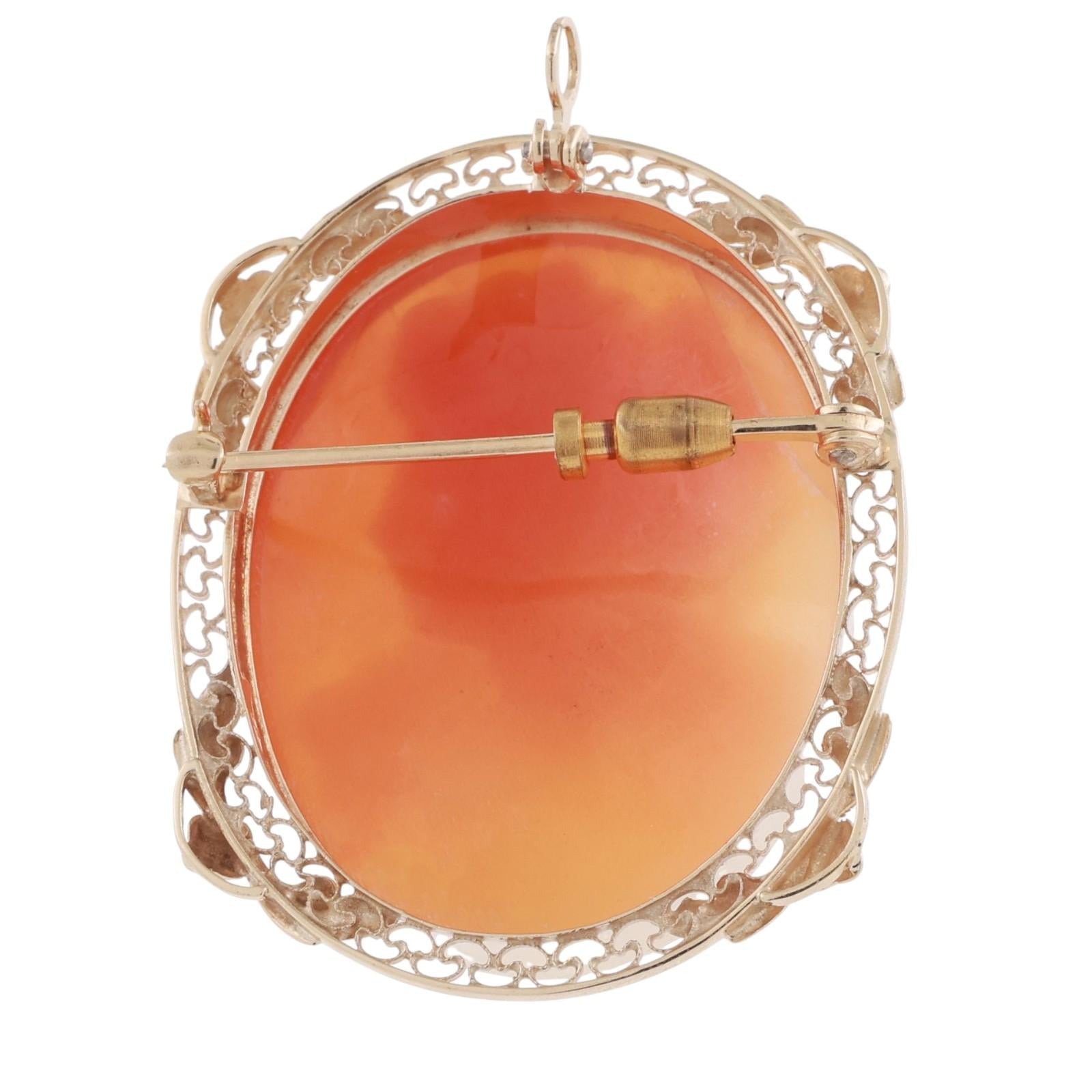 Vintage Cameo Brooch Pin Pendant Yellow Gold Filigree Frame 1.55" Ladies