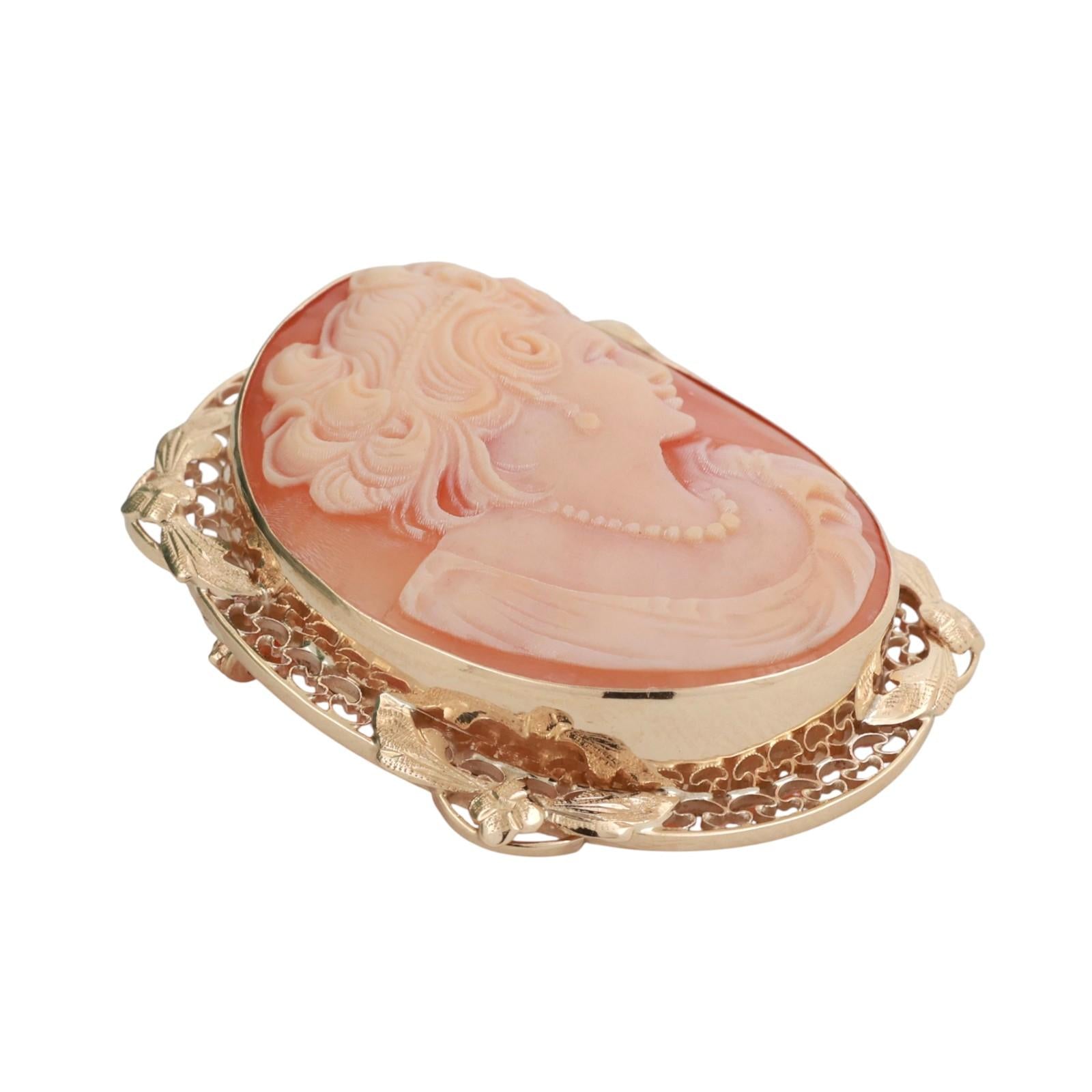 Vintage Cameo Brooch Pin Pendant Yellow Gold Filigree Frame 1.55" Ladies