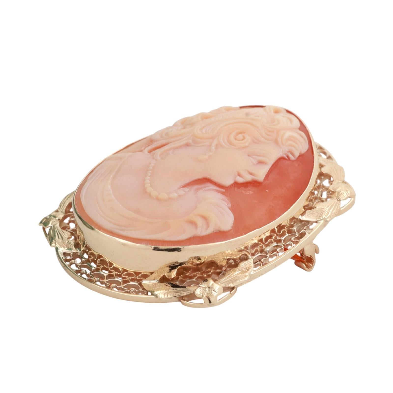 Vintage Cameo Brooch Pin Pendant Yellow Gold Filigree Frame 1.55" Ladies