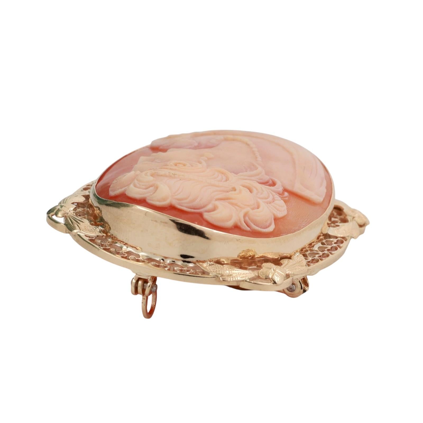 Vintage Cameo Brooch Pin Pendant Yellow Gold Filigree Frame 1.55" Ladies