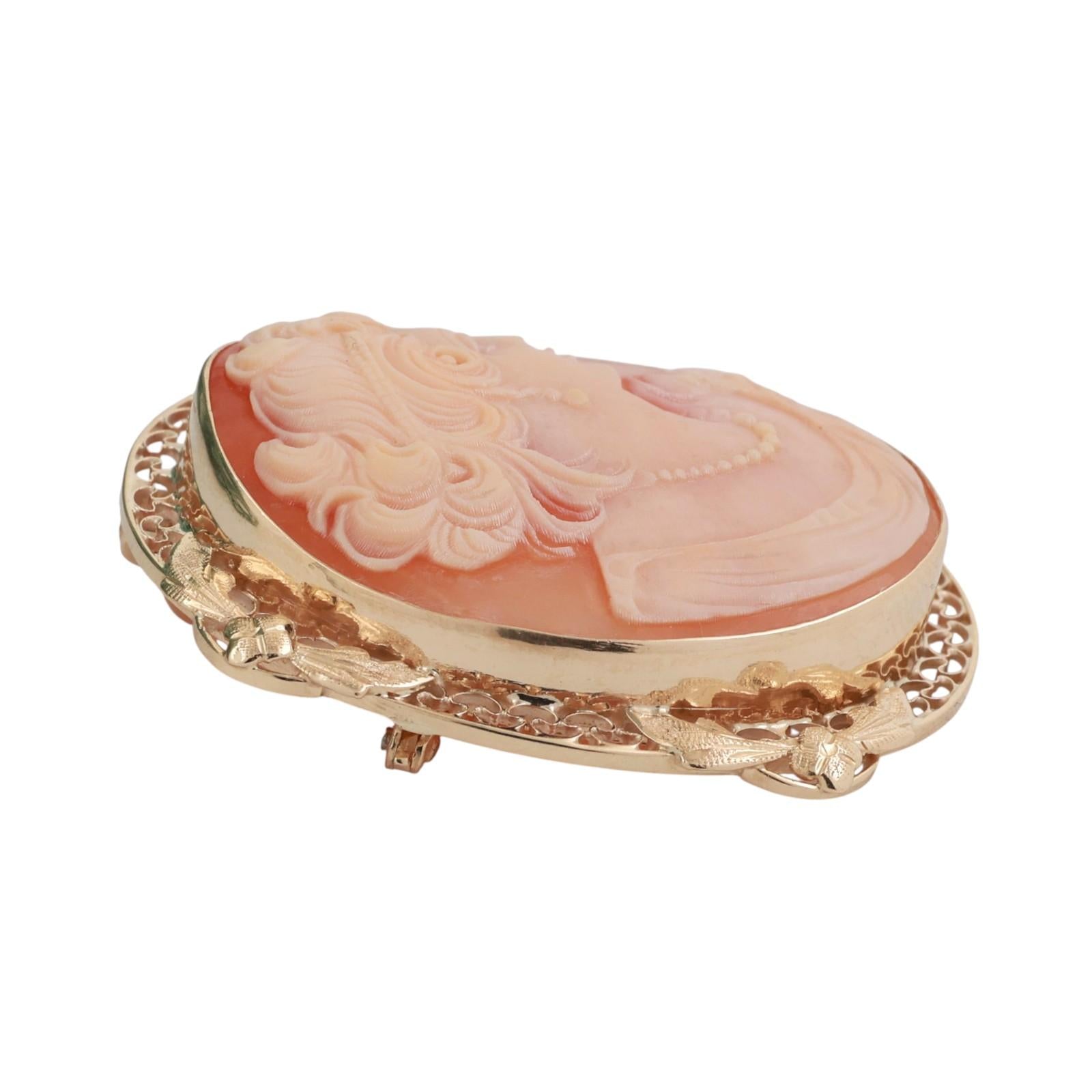 Vintage Cameo Brooch Pin Pendant Yellow Gold Filigree Frame 1.55" Ladies