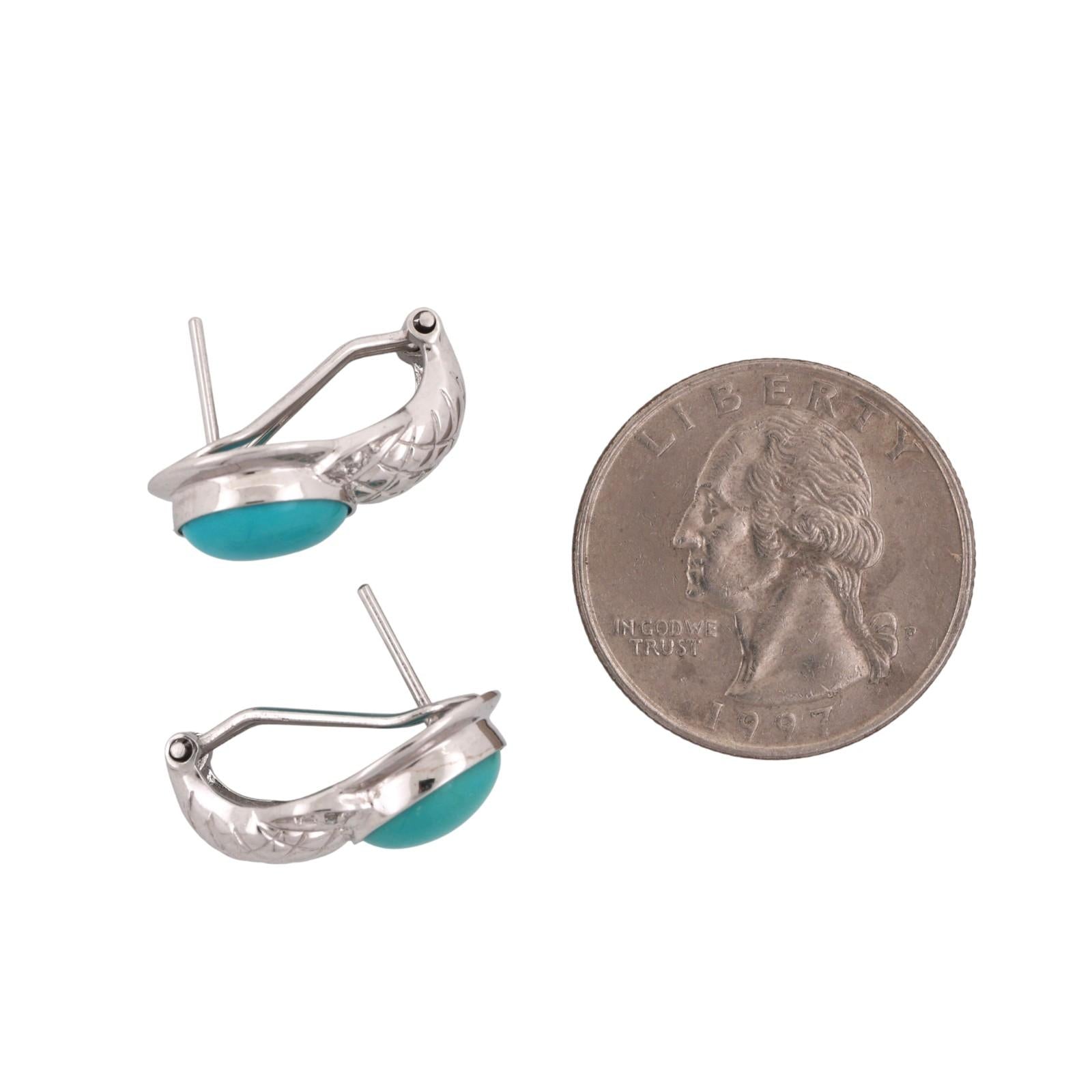 Turquoise Drop Earrings 14K White Gold Omega Backs 0.60" Ladies Estate