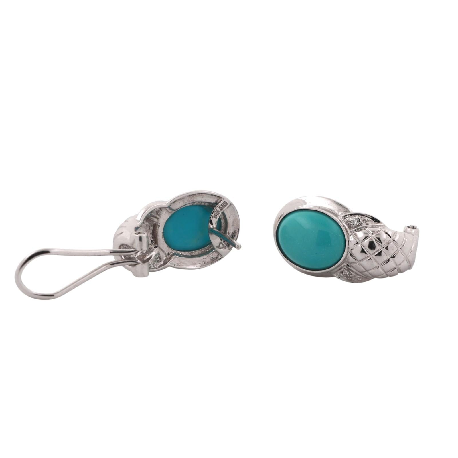 Turquoise Drop Earrings 14K White Gold Omega Backs 0.60" Ladies Estate