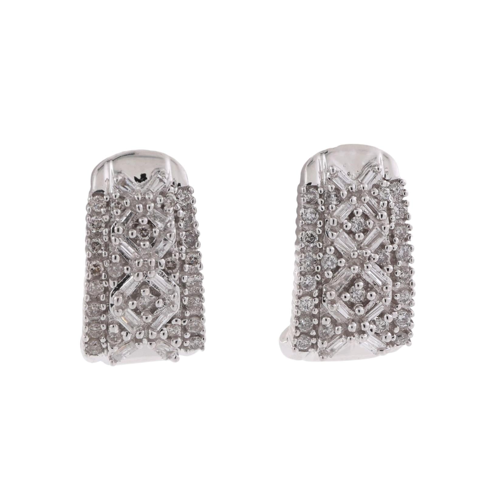 1.00 TW Round And Baguette Diamond J Hoop Earrings 10K White Gold 0.55" Ladies