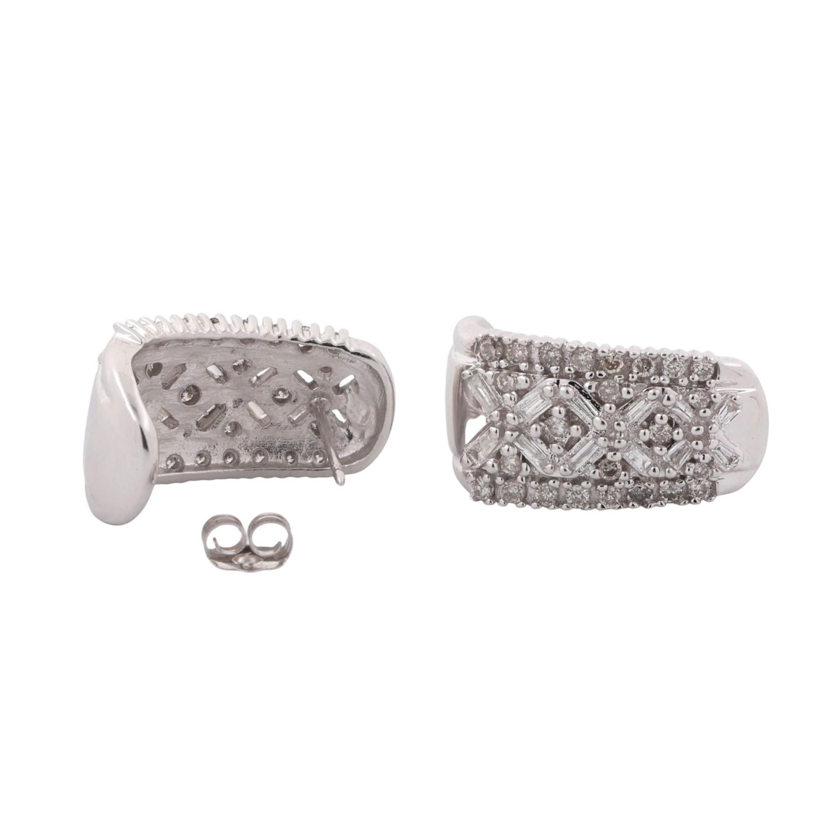 1.00 TW Round And Baguette Diamond J Hoop Earrings 10K White Gold 0.55" Ladies