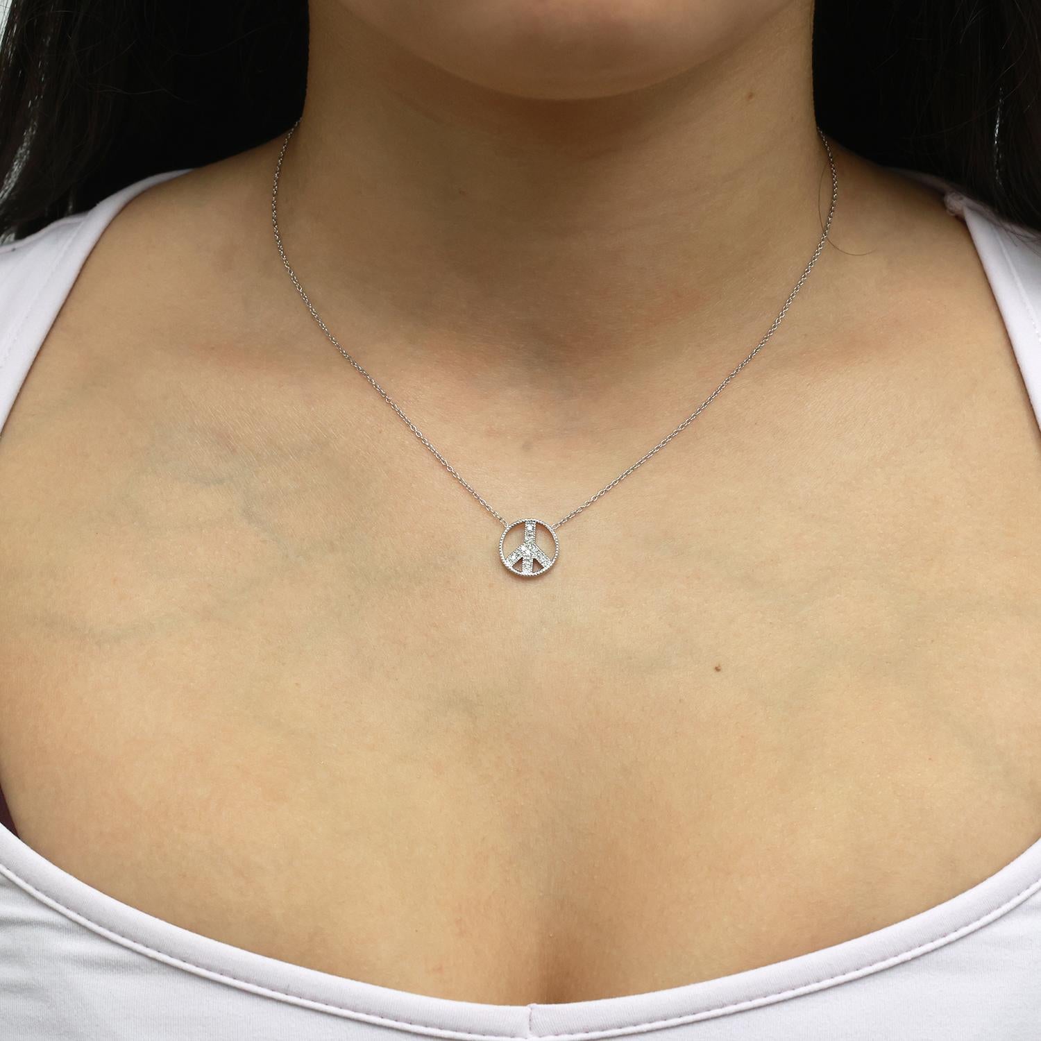 Peace Sign Diamond Pendant Chain Necklace 14K White Gold 0.10 TW 16.75"