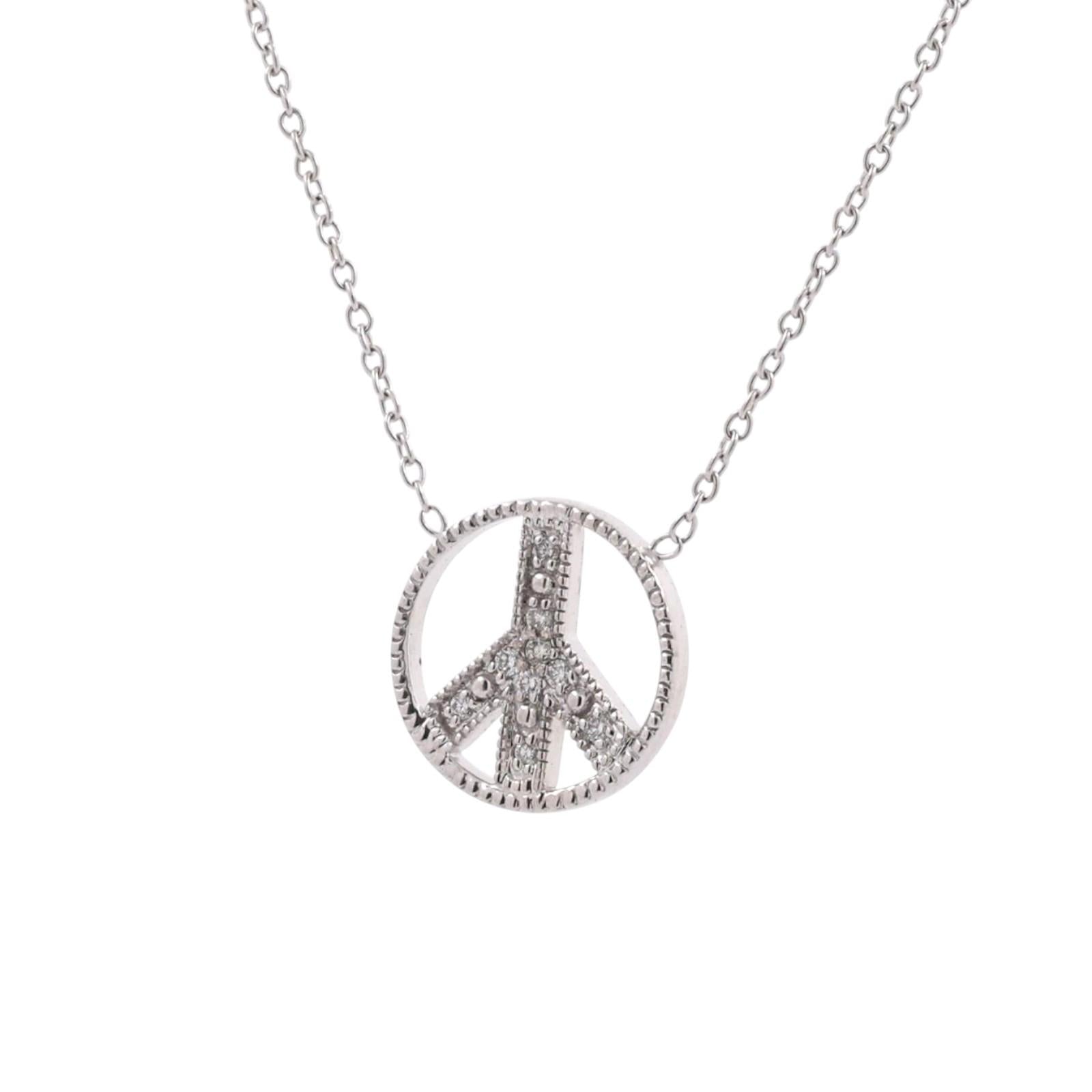 Peace Sign Diamond Pendant Chain Necklace 14K White Gold 0.10 TW 16.75"