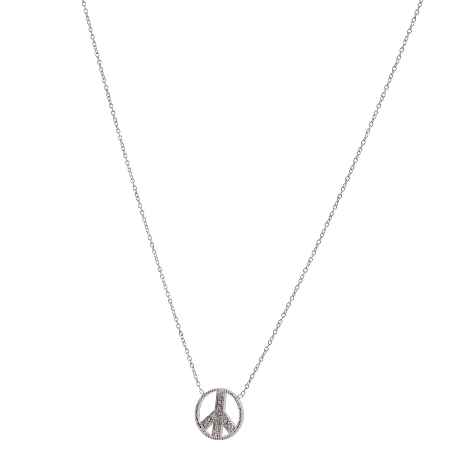 Peace Sign Diamond Pendant Chain Necklace 14K White Gold 0.10 TW 16.75"